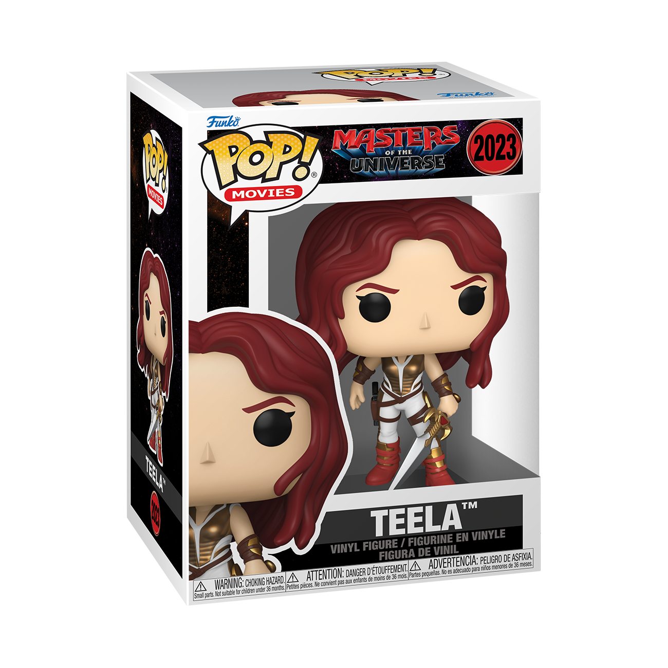 Una caja Funko Pop de Teela de Masters of the Universe, con cabello rojo, armadura y espada.