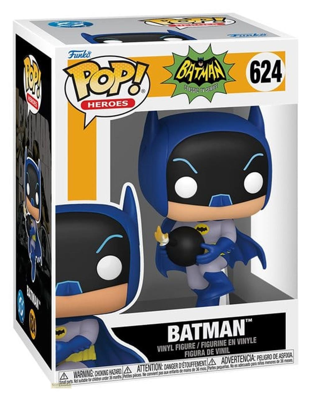 Una figura de vinilo Funko Pop de Batman de la serie clásica de televisión, número 624, en su caja.