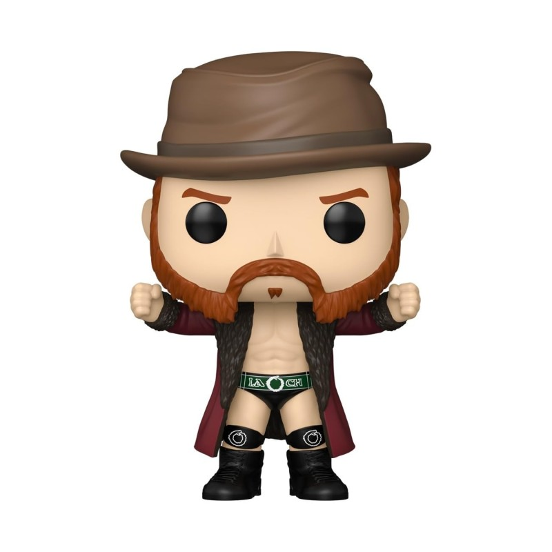 Una figura Funko Pop con sombrero, barba, abrigo rojo y mallas de lucha negras sobre fondo blanco.