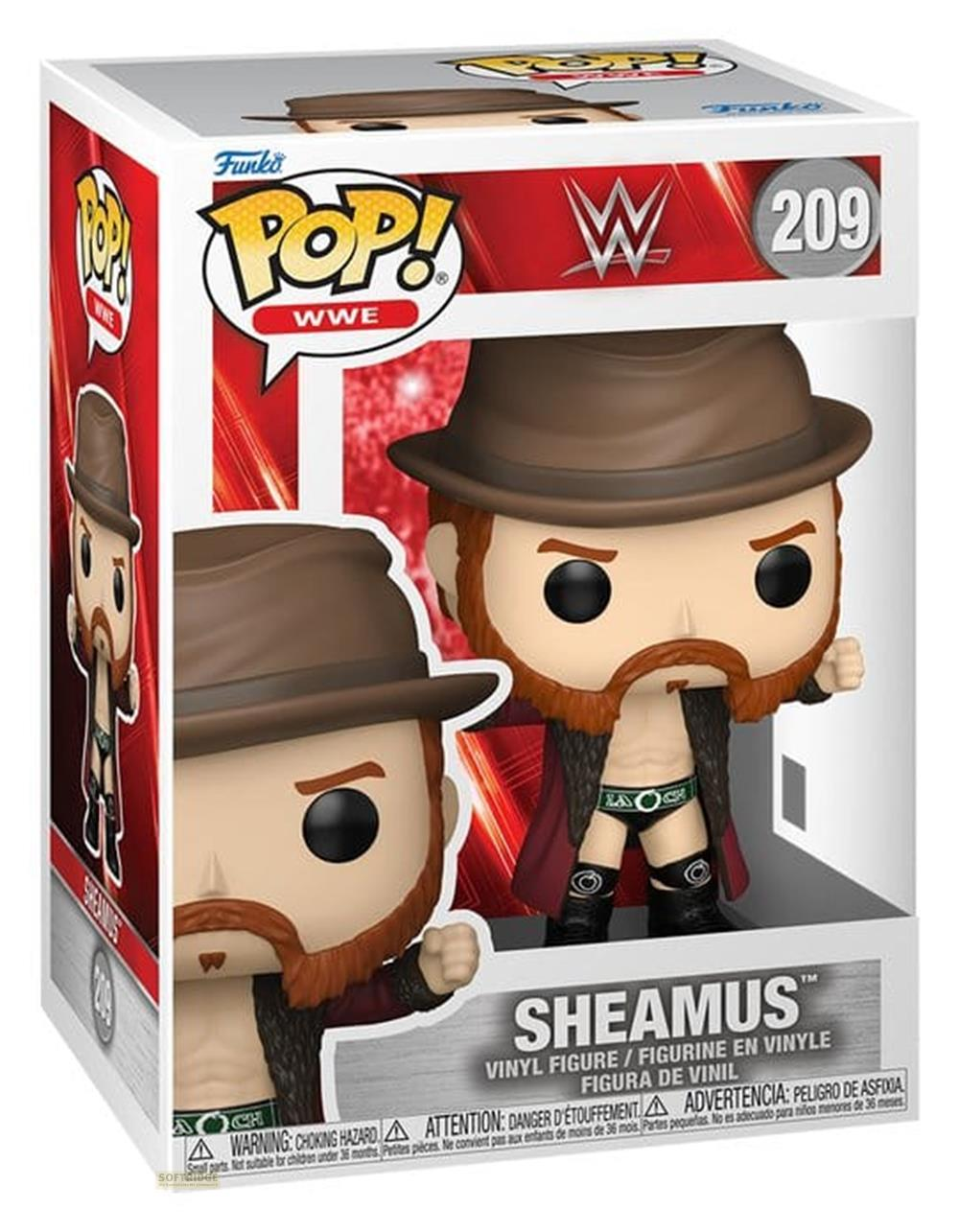 Figura de vinilo Funko Pop WWE de Sheamus, número 209, en su caja.
