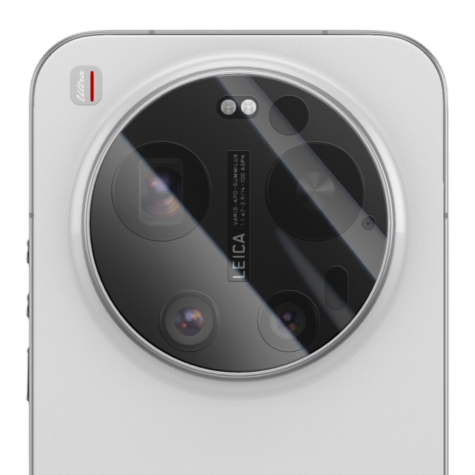 Parte trasera de un teléfono inteligente claro con un gran módulo de cámara redondo con cuatro lentes.