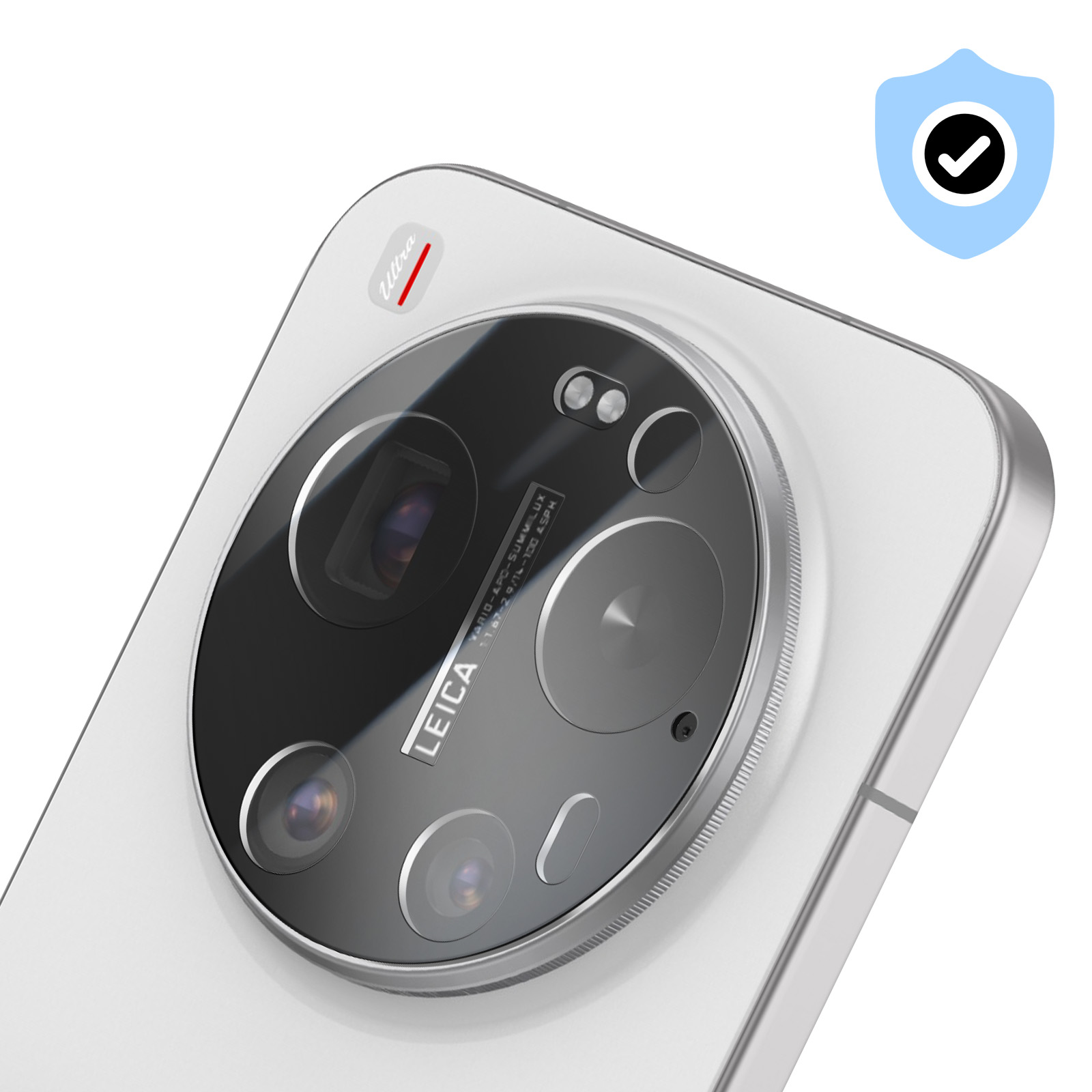 Parte trasera de un smartphone blanco con un gran módulo de cámara Leica redondo y un icono de escudo azul.