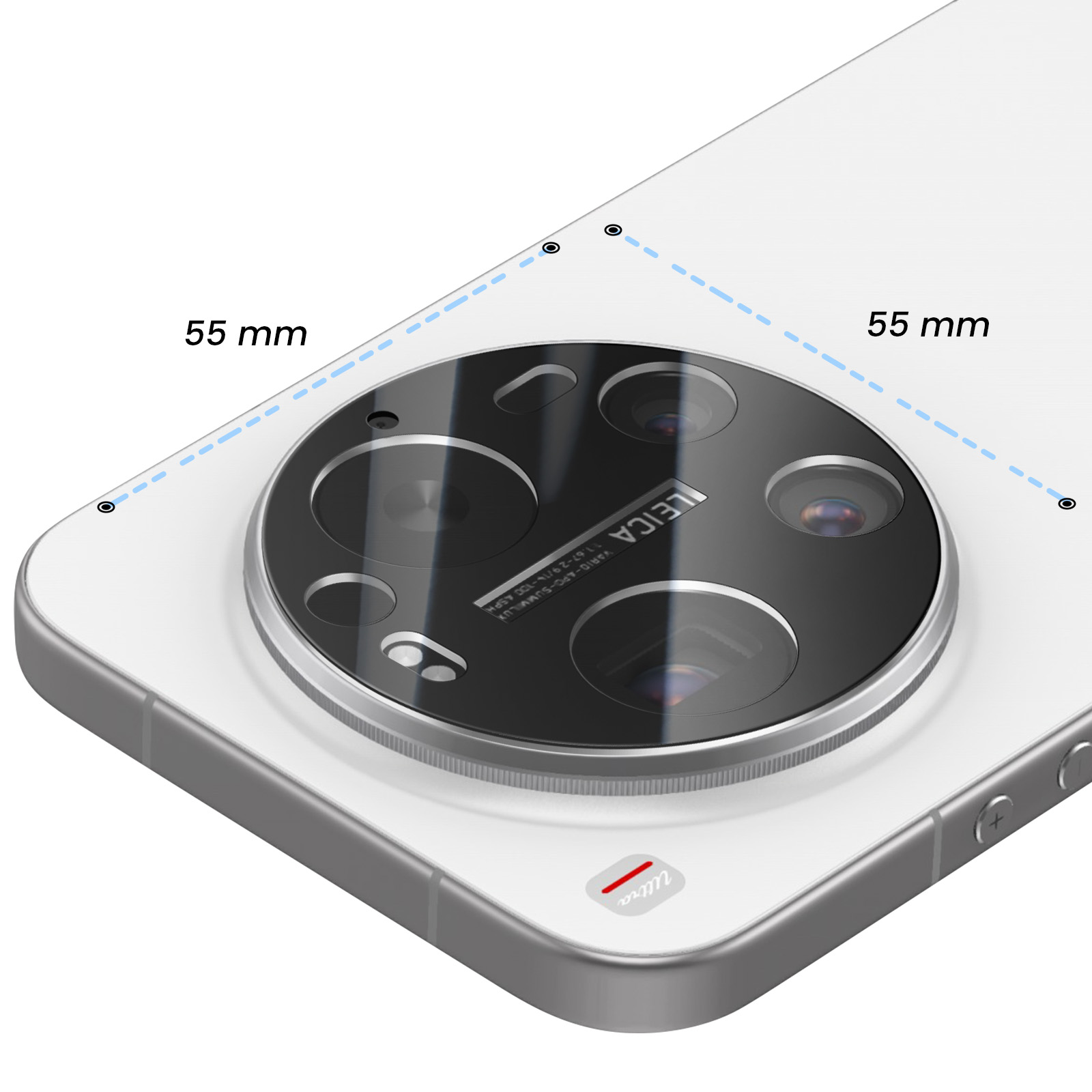 Primer plano de un smartphone blanco con un gran módulo de cámara Leica circular en la trasera y líneas de 55 mm.