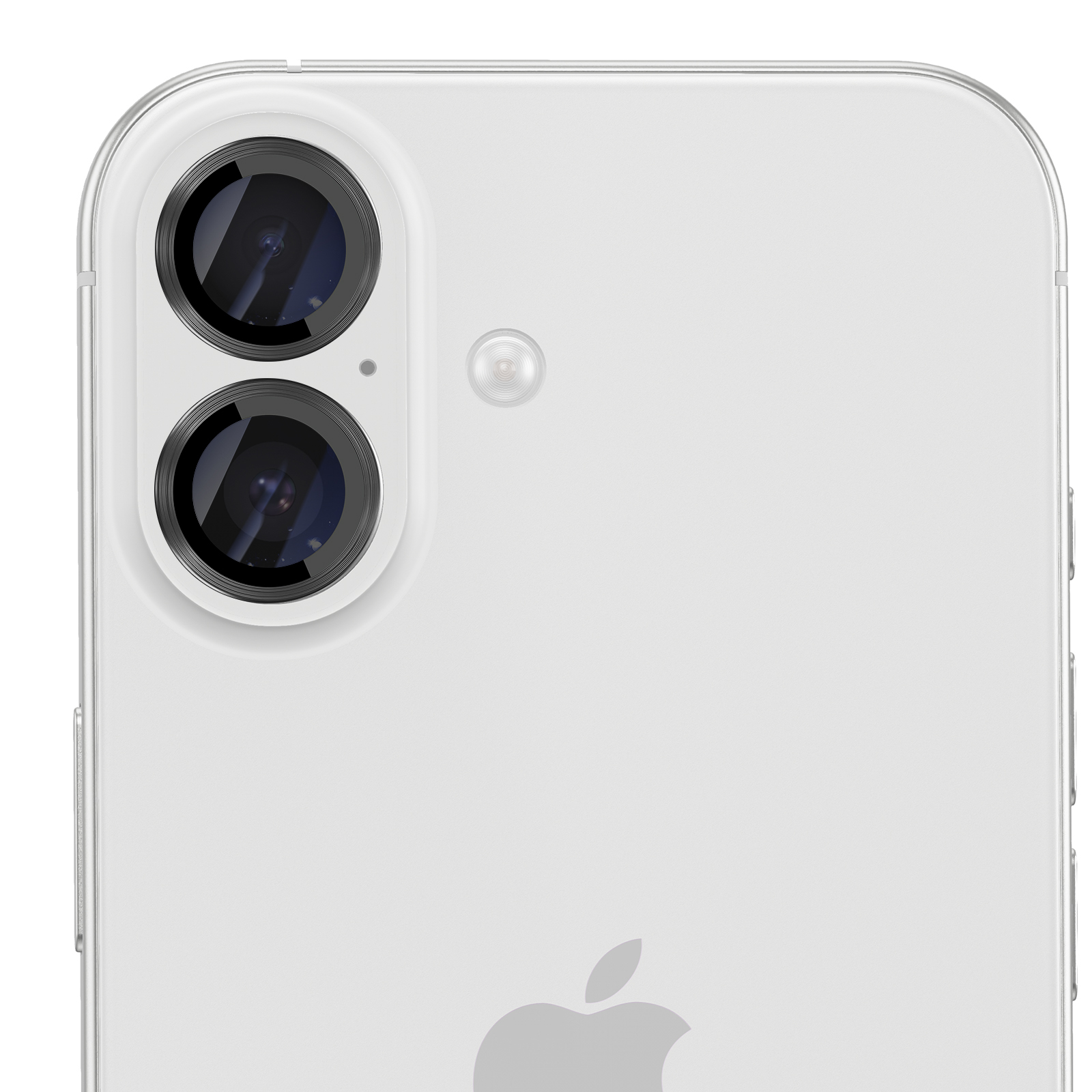 Primer plano de la parte trasera de un smartphone blanco con cámara dual vertical y el logo de Apple.