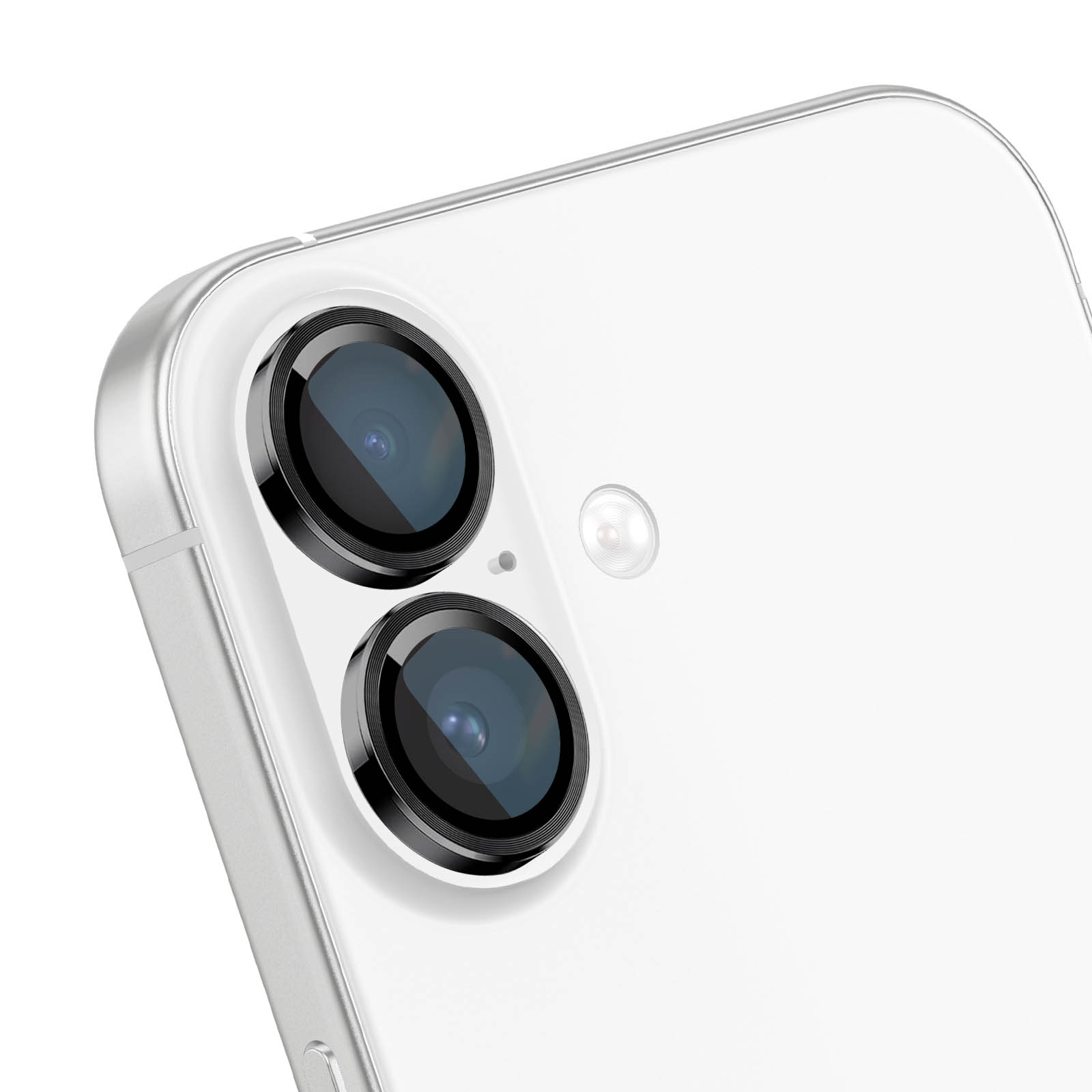 Primer plano de la parte trasera de un smartphone blanco con cámara dual vertical y flash sobre fondo blanco.