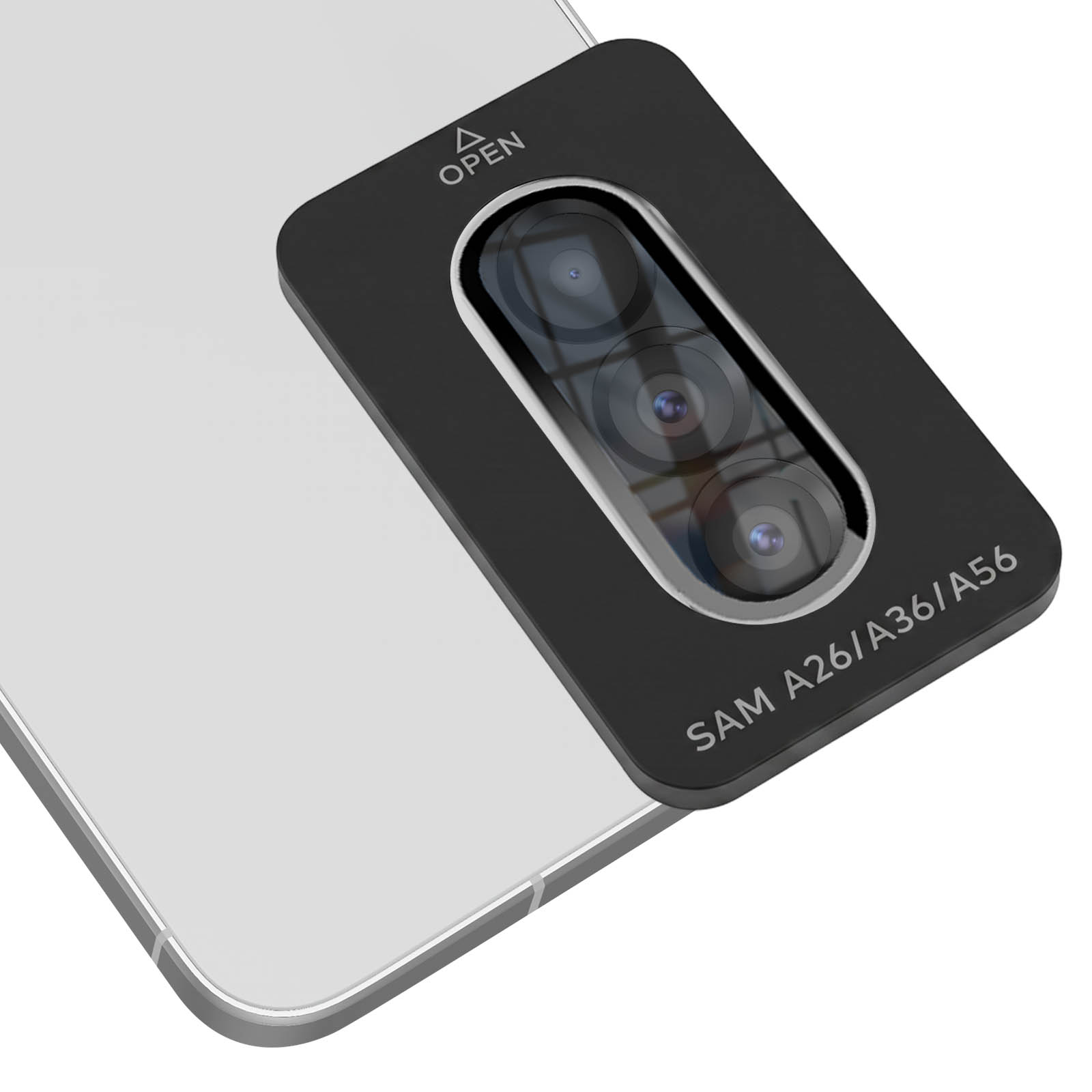 Parte trasera de un teléfono claro con un módulo de cámara negro montado que muestra tres lentes y texto.