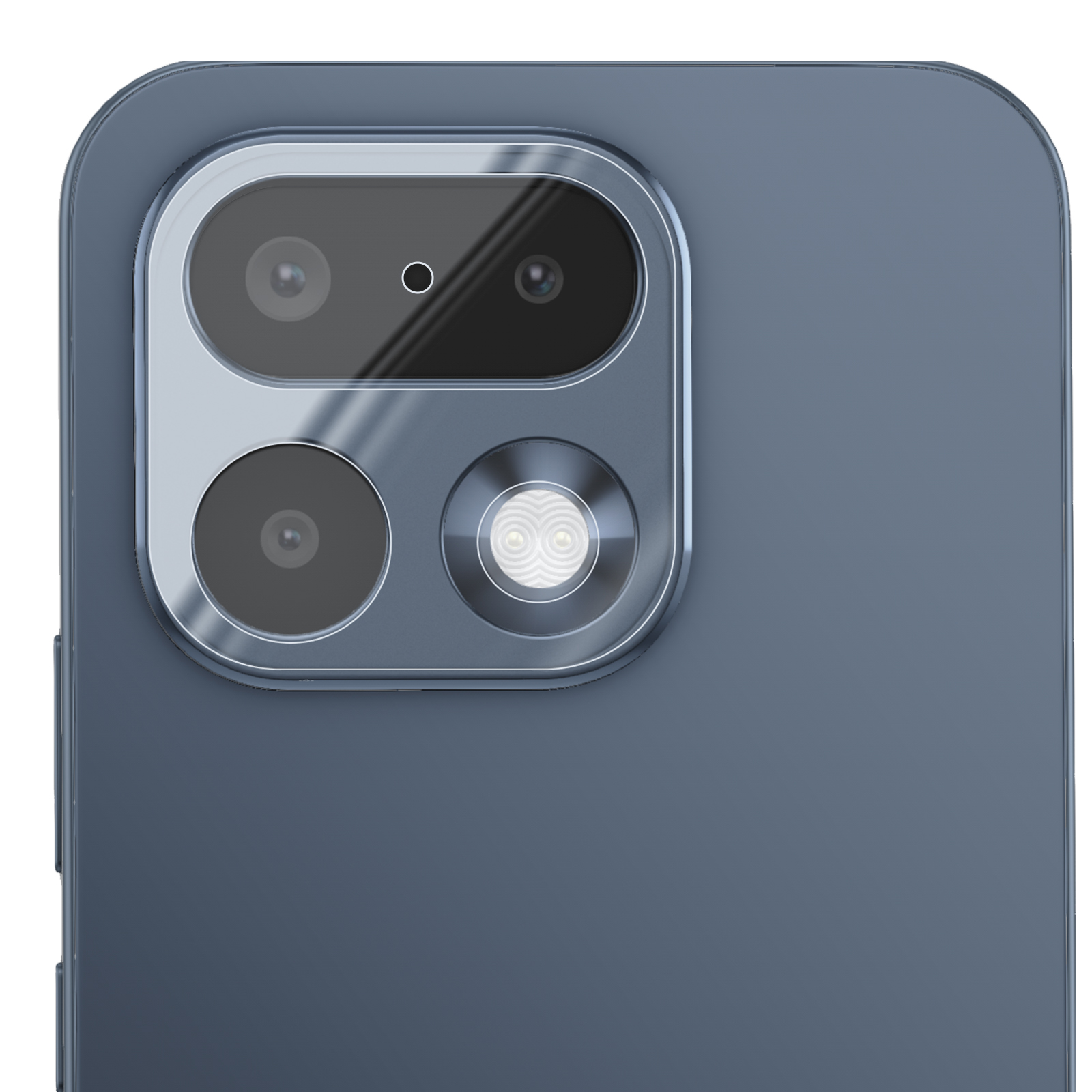 Parte trasera de un smartphone azul con tres lentes de cámara y un flash en un módulo de cámara cuadrado.