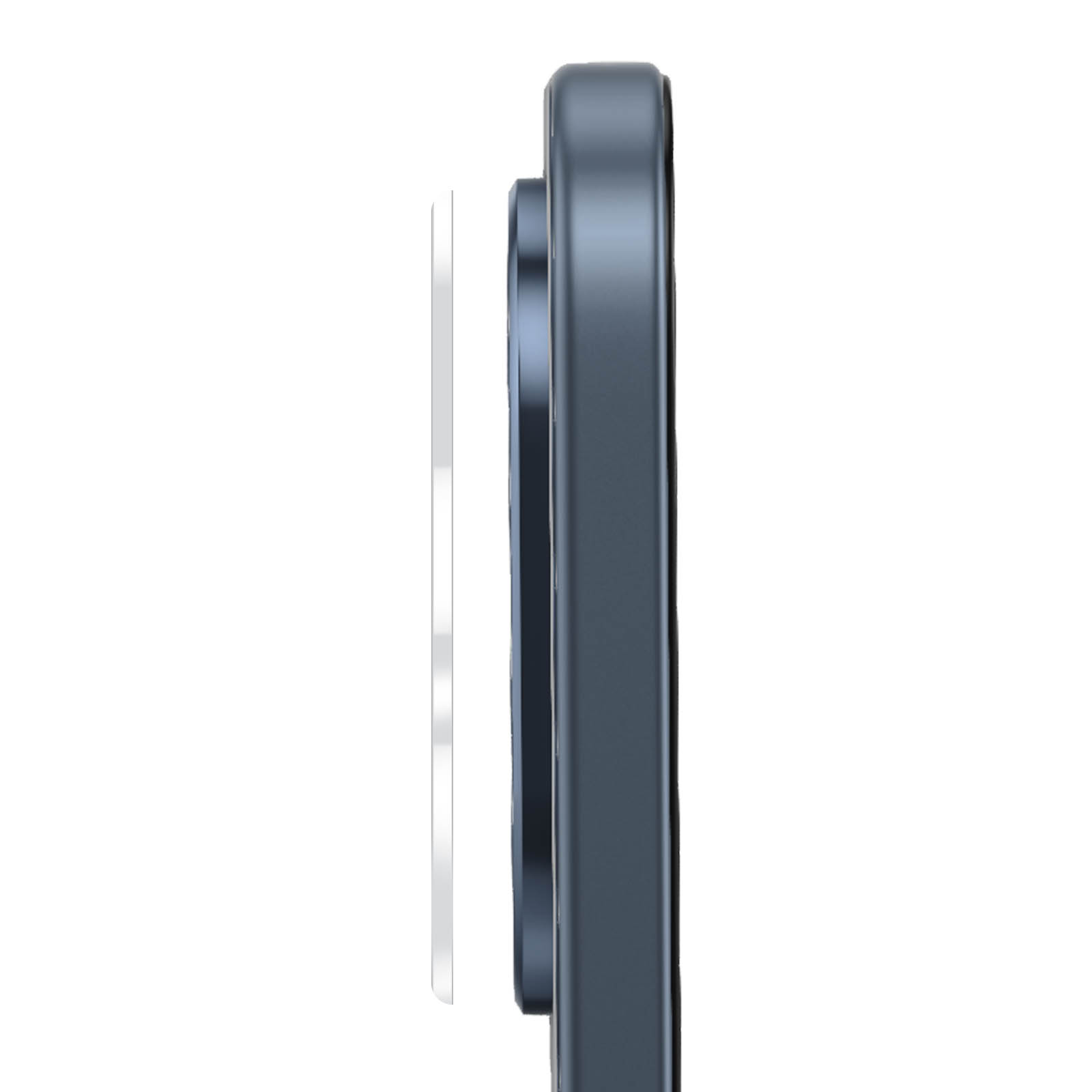 Vista lateral de un smartphone azul con un protector de pantalla al lado sobre fondo blanco.