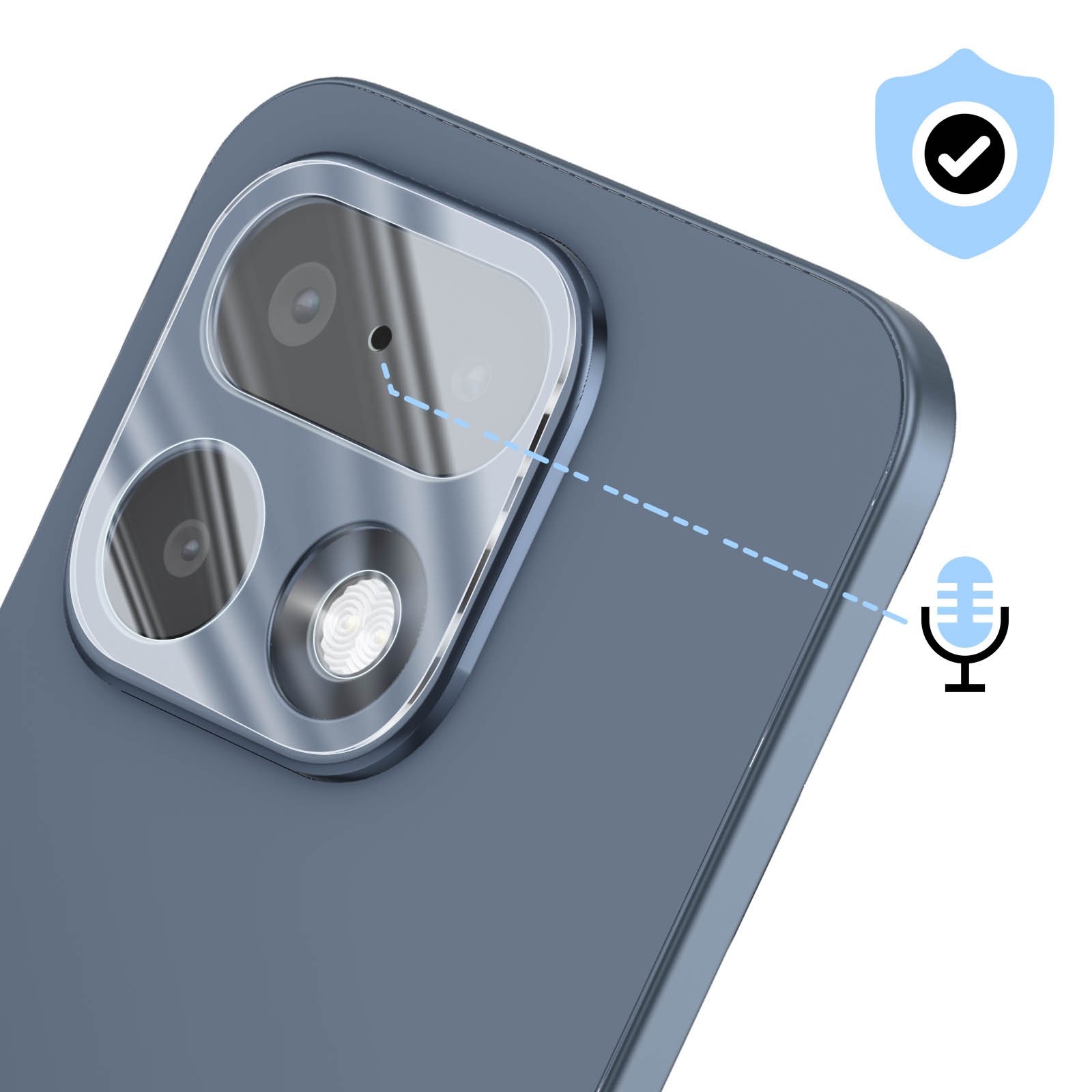 Parte trasera de smartphone azul con protector de vidrio sobre lentes y icono de escudo.