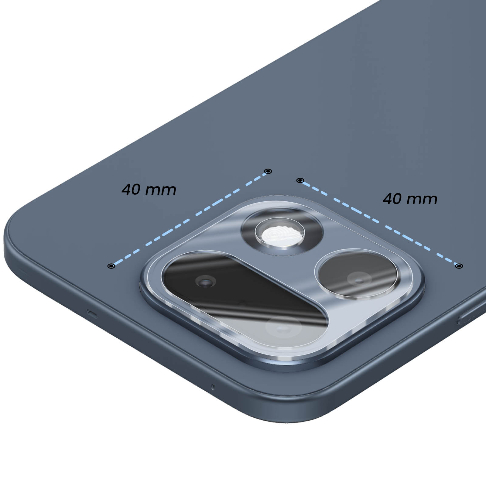 Primer plano del módulo de cámara de un teléfono azul, con líneas de cotas discontinuas que indican 40 mm de separación.