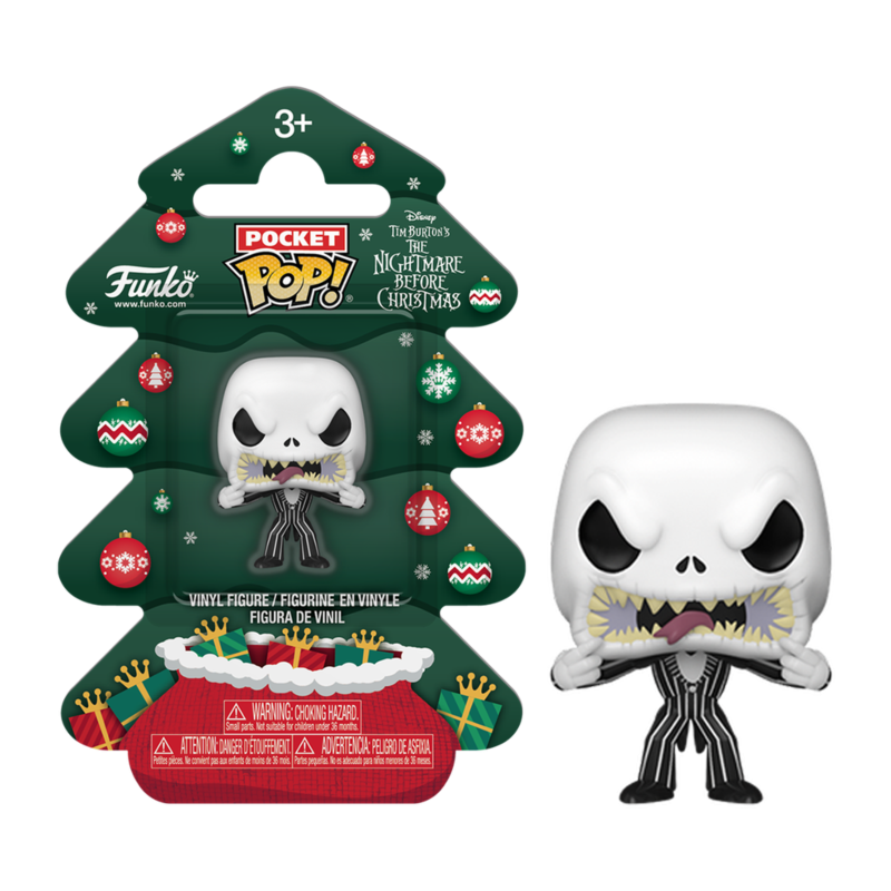 Figura Jack Skellington Pocket Pop en empaque navideño en forma de árbol con bolsa roja y adornos.