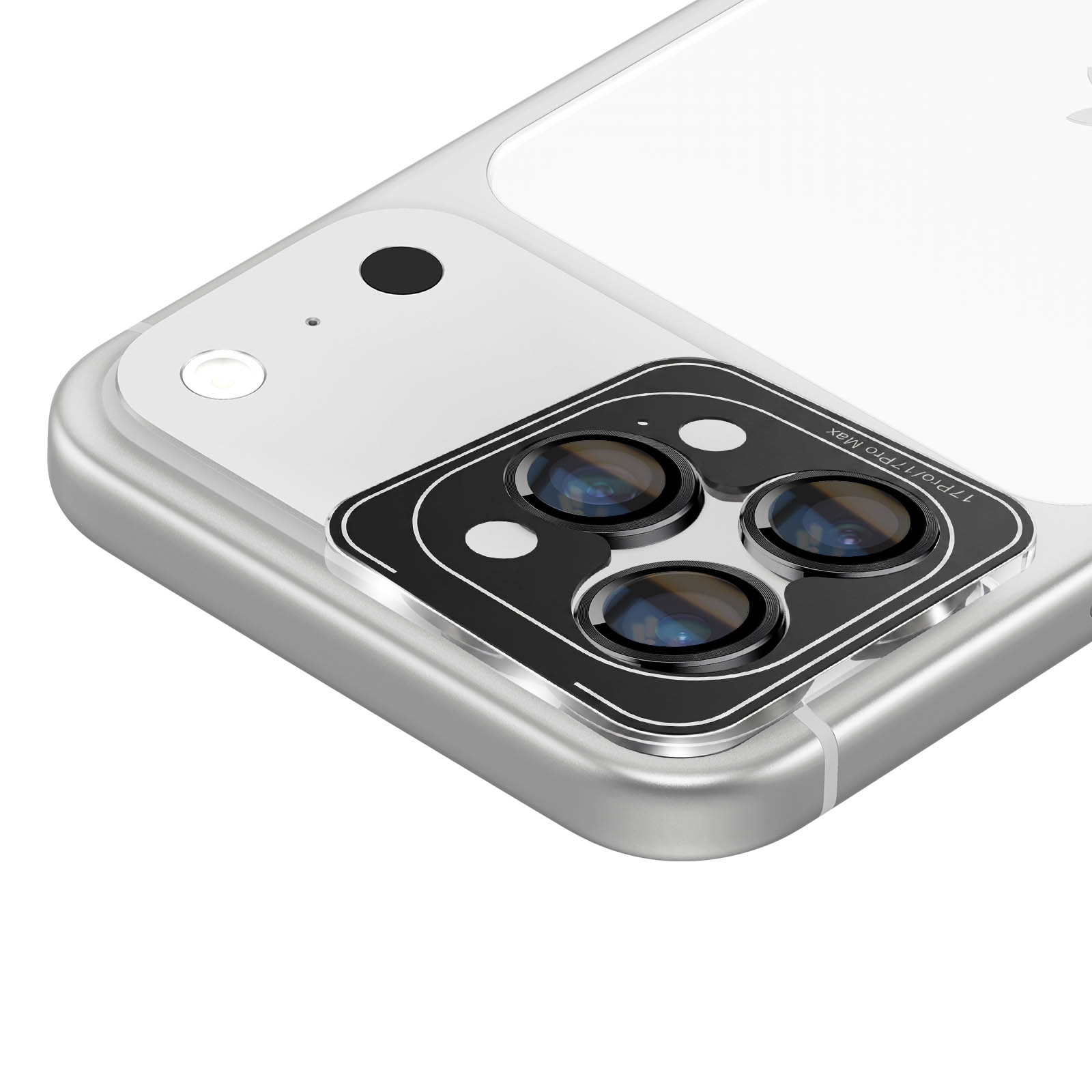 Primer plano de la cámara trasera de un teléfono inteligente plateado con tres lentes y módulo negro.