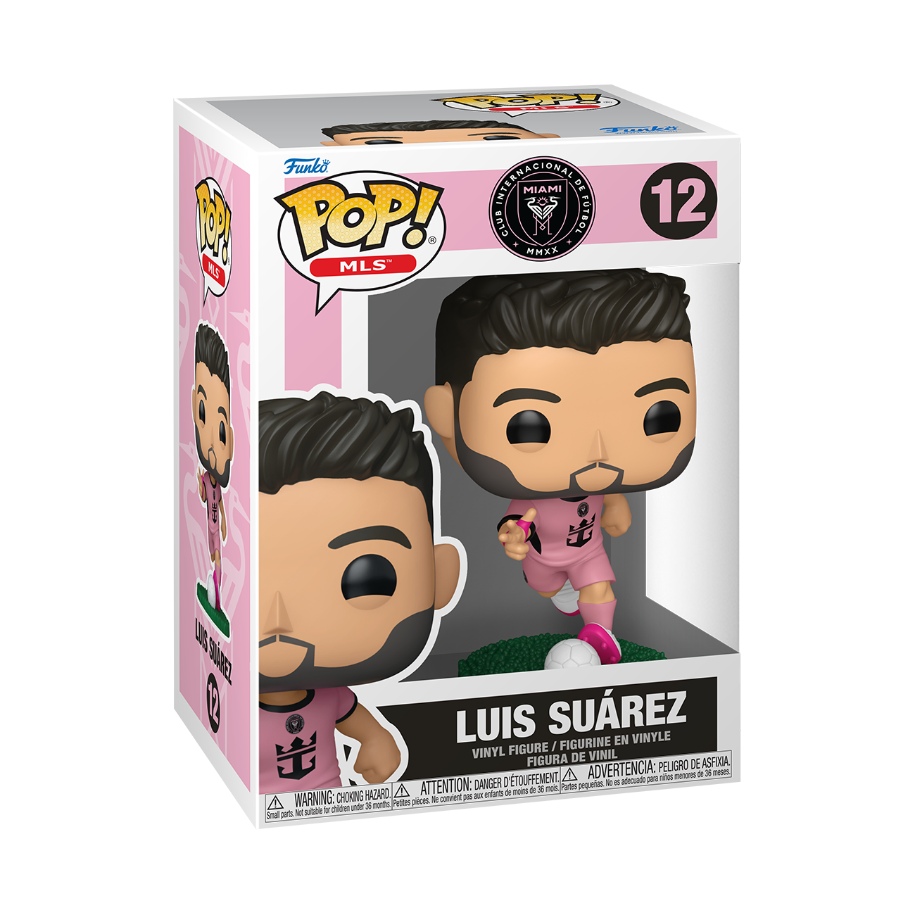 Figura de vinilo Funko Pop de Luis Suárez con equipación rosa del Inter Miami y balón, en su caja.