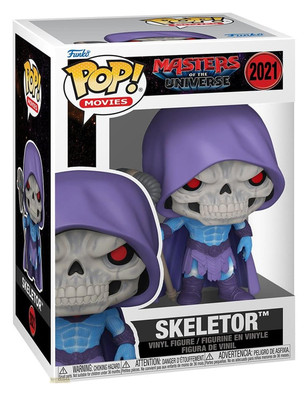 Figura de vinilo Skeletor Funko Pop en caja con capucha violeta y cara de calavera.