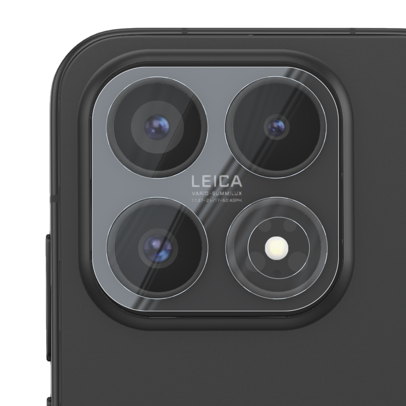 Primer plano de la parte trasera de un smartphone negro con un módulo de cámara cuádruple Leica cuadrado.