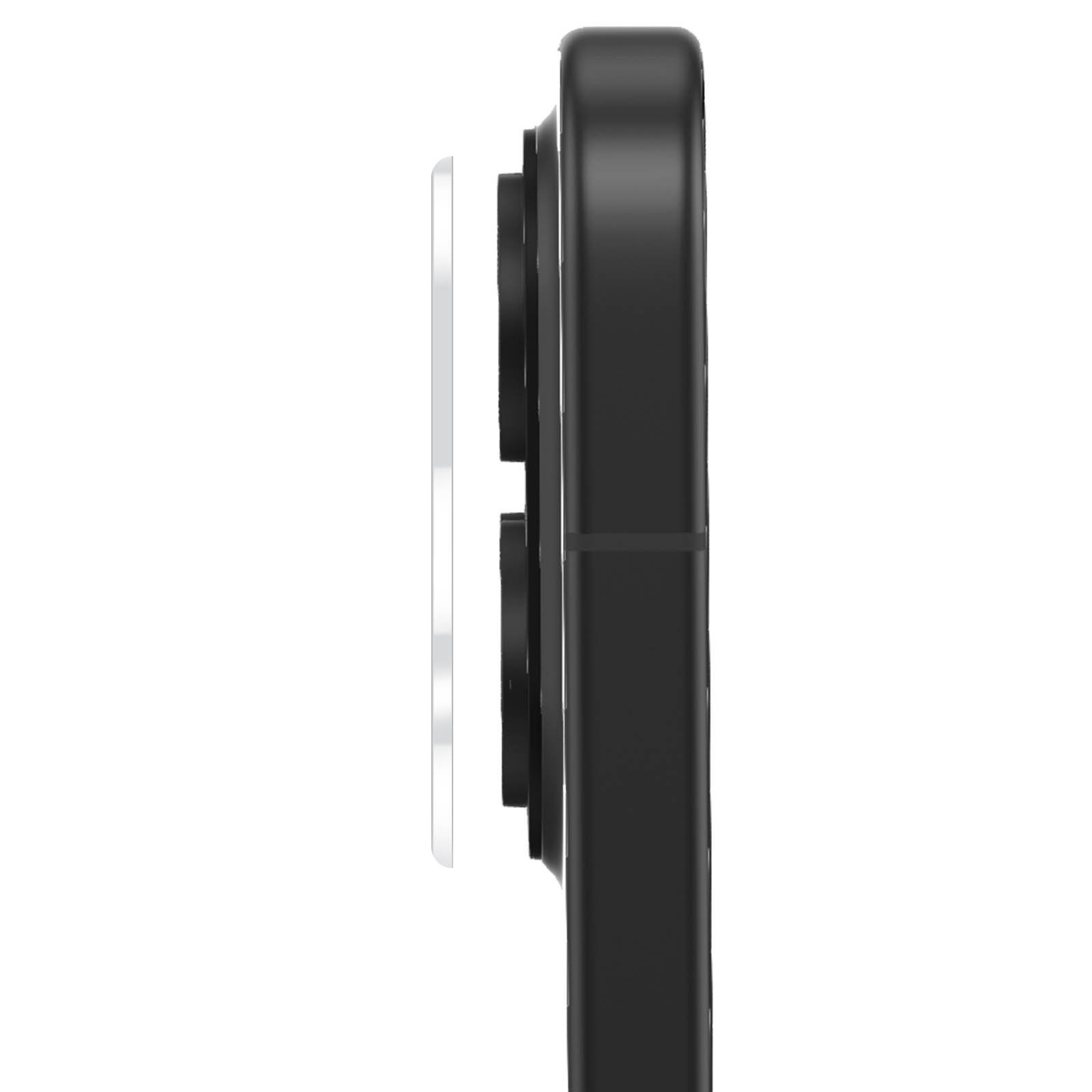 Vista lateral de un smartphone negro con una lente de cámara sobresaliente y una cubierta protectora separada.