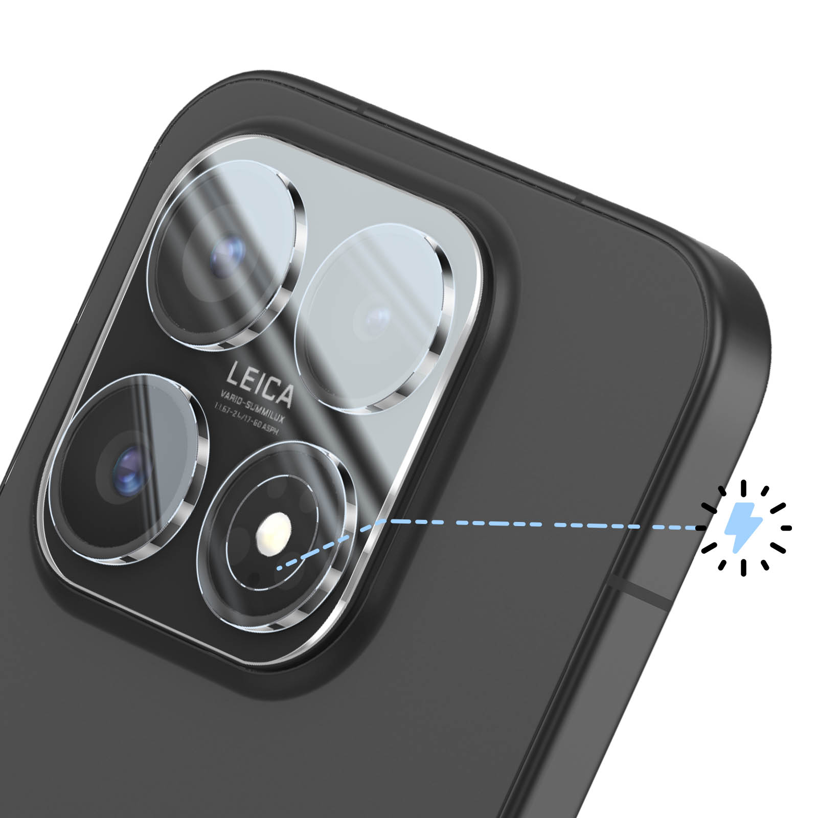 Primer plano de la parte trasera de un smartphone negro con cuatro cámaras Leica y un icono de flash a la derecha.