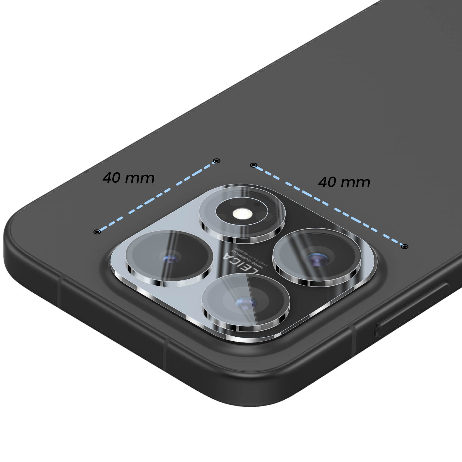 Primer plano de la parte trasera de un smartphone negro con módulo de cuatro cámaras e indicadores de 40 mm.
