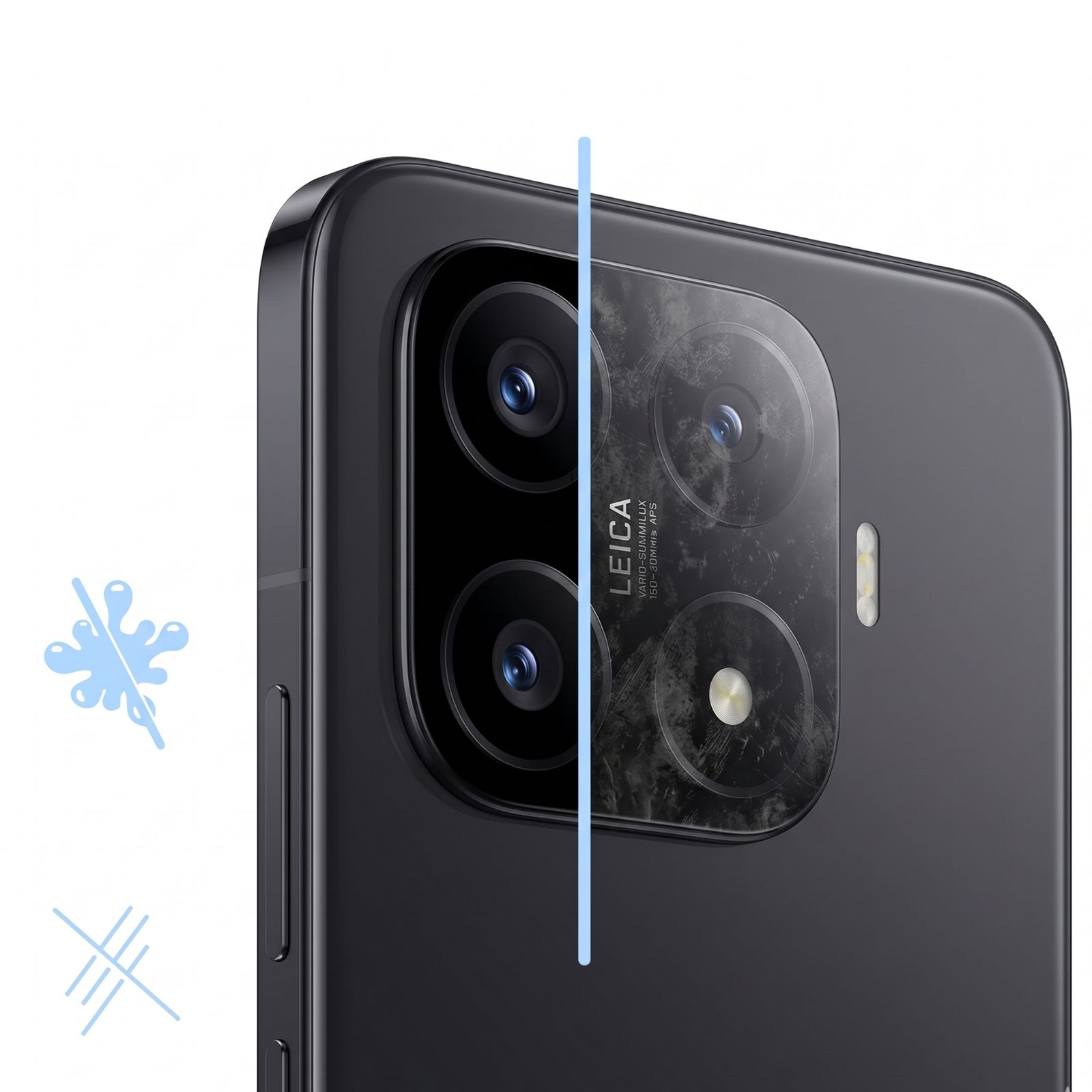 Parte trasera de smartphone con módulo de cámara Leica, dividida en lado limpio y rayado.