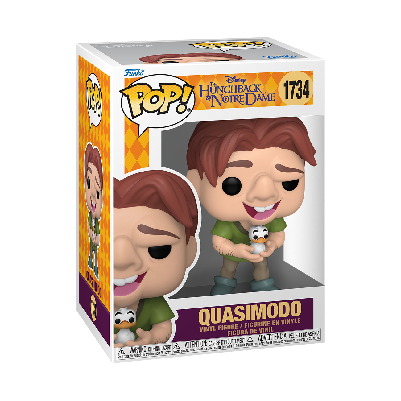 Figura de vinilo Pop! de Disney Quasimodo en su caja original sosteniendo un ave.