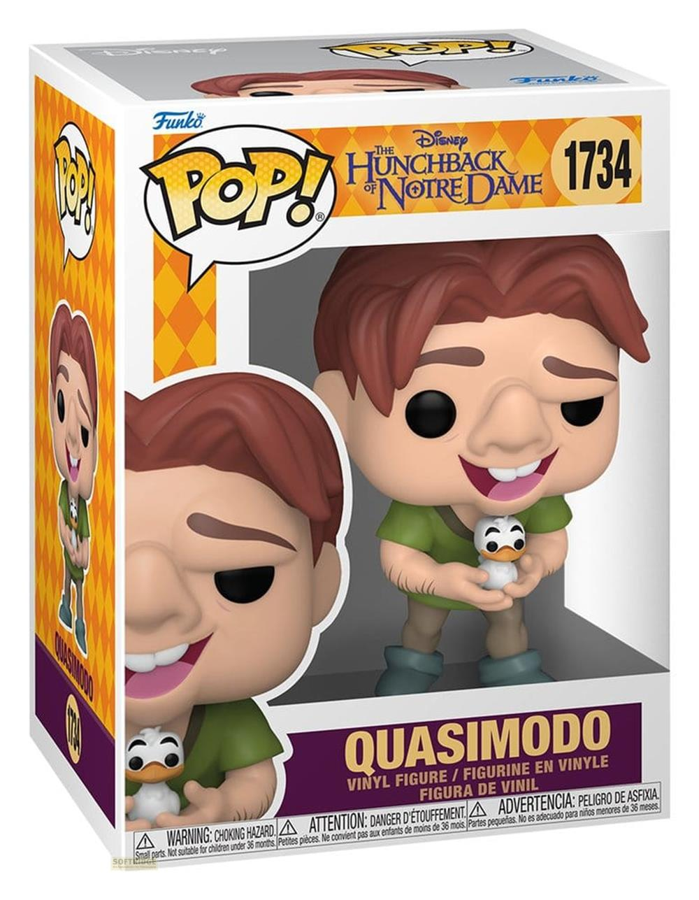 Figura de vinilo Funko Pop de Quasimodo de El jorobado de Notre Dame, sosteniendo un ave blanca.