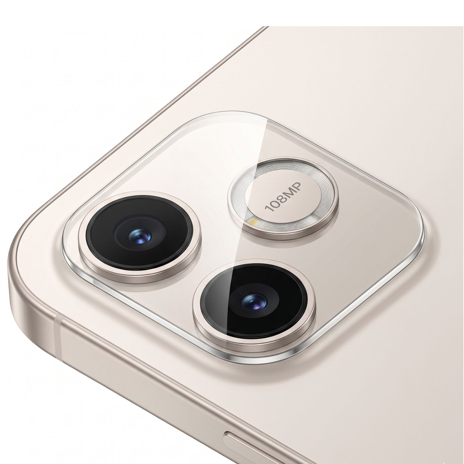 Primer plano de la parte trasera de un smartphone con cámara dual y módulo de 108MP en acabado dorado.