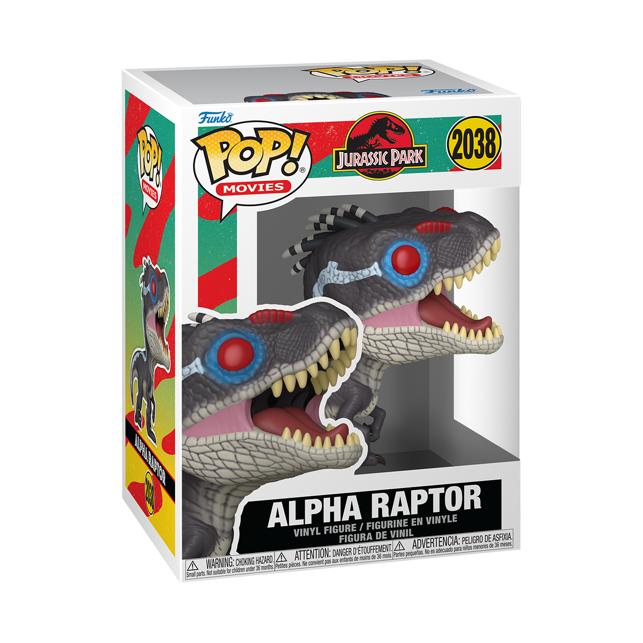 Una figura de vinilo Funko Pop Alpha Raptor de Jurassic Park dentro de su caja con marca roja y verde.