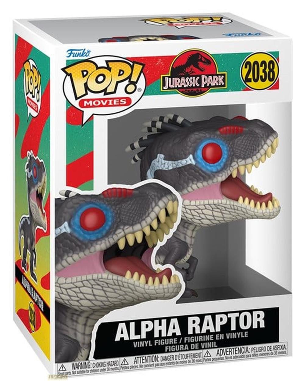 Figura de vinilo Pop! Alpha Raptor de Jurassic Park en caja con ojos rojos.