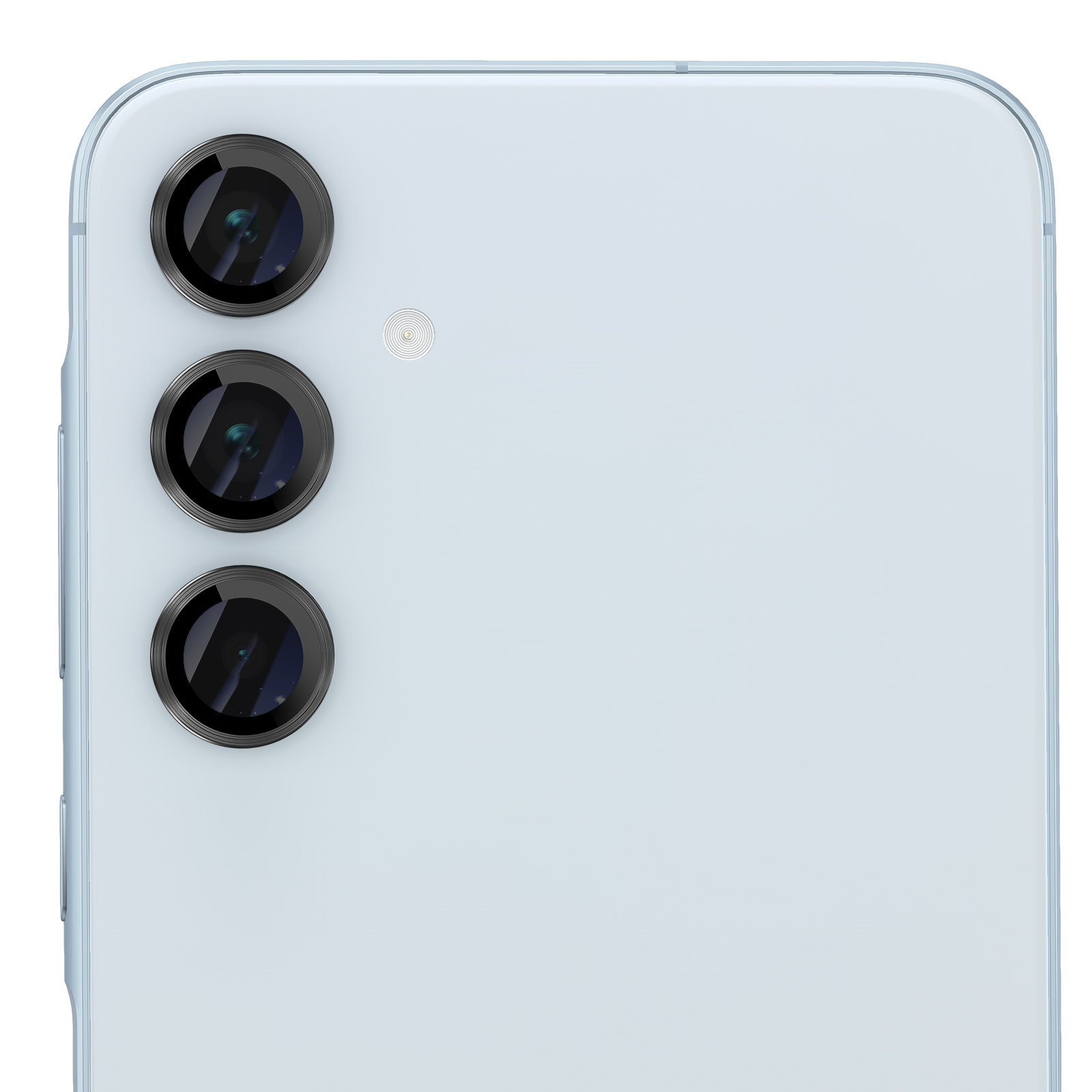 Parte trasera de un smartphone azul claro con tres lentes de cámara alineadas verticalmente y un flash.