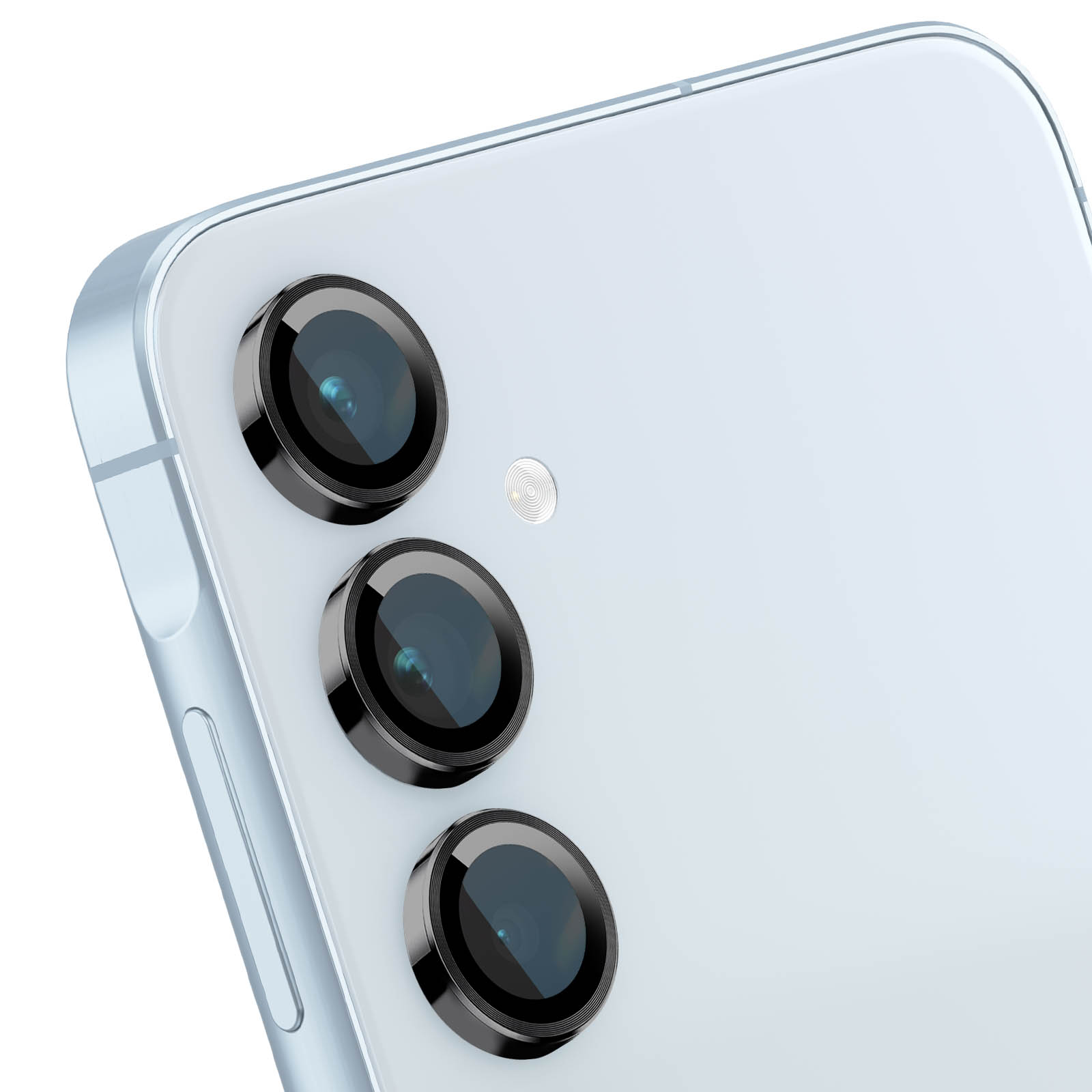 Parte trasera de un teléfono inteligente azul claro con tres lentes de cámara alineadas verticalmente.
