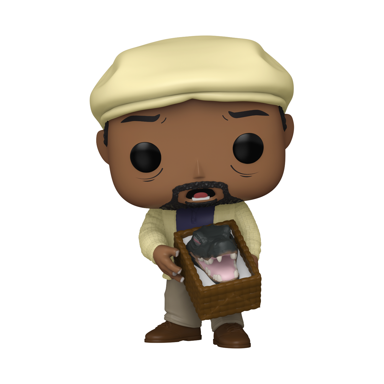 Una figura de vinilo Funko Pop de un hombre con gorra y chaqueta amarillas, sosteniendo una cesta con cabeza de caimán.