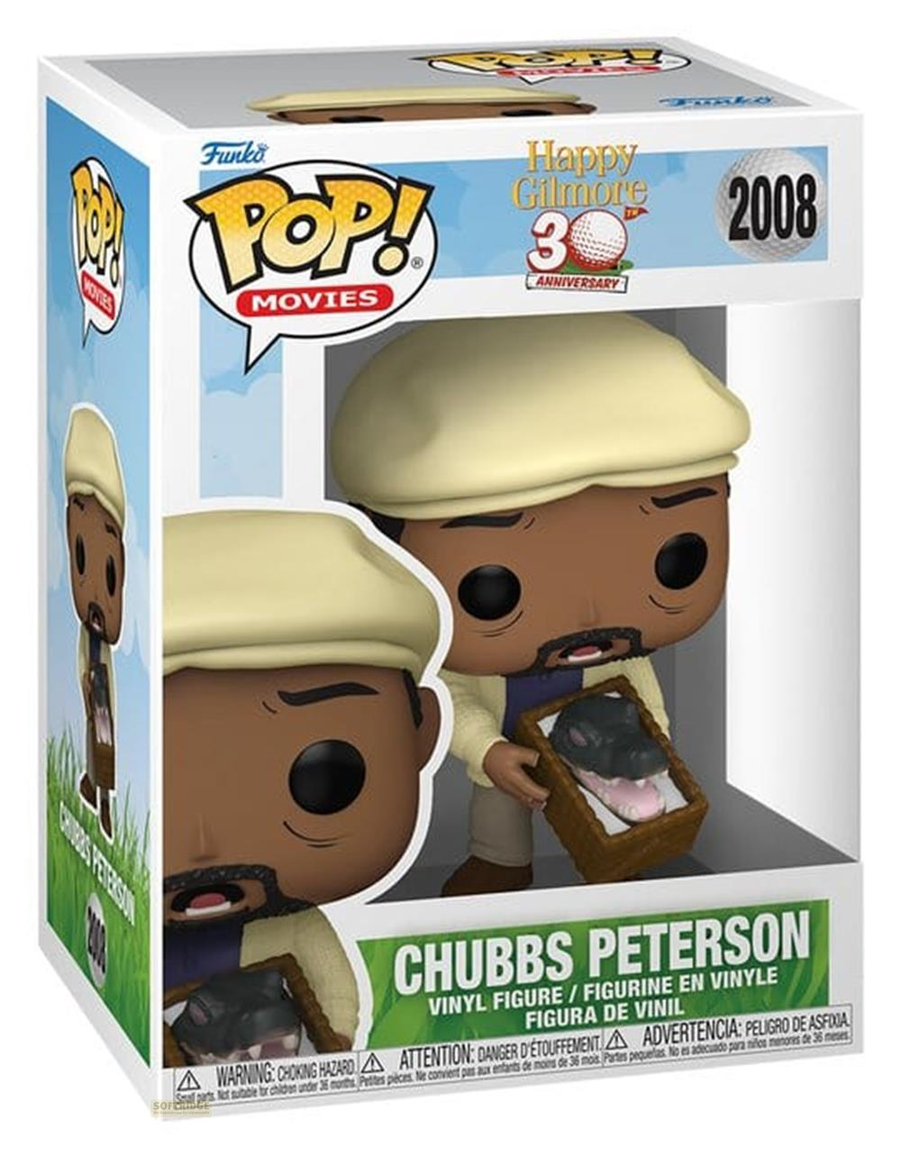 Una caja Funko Pop con Chubbs Peterson sosteniendo una caja de madera con una cabeza de caimán.