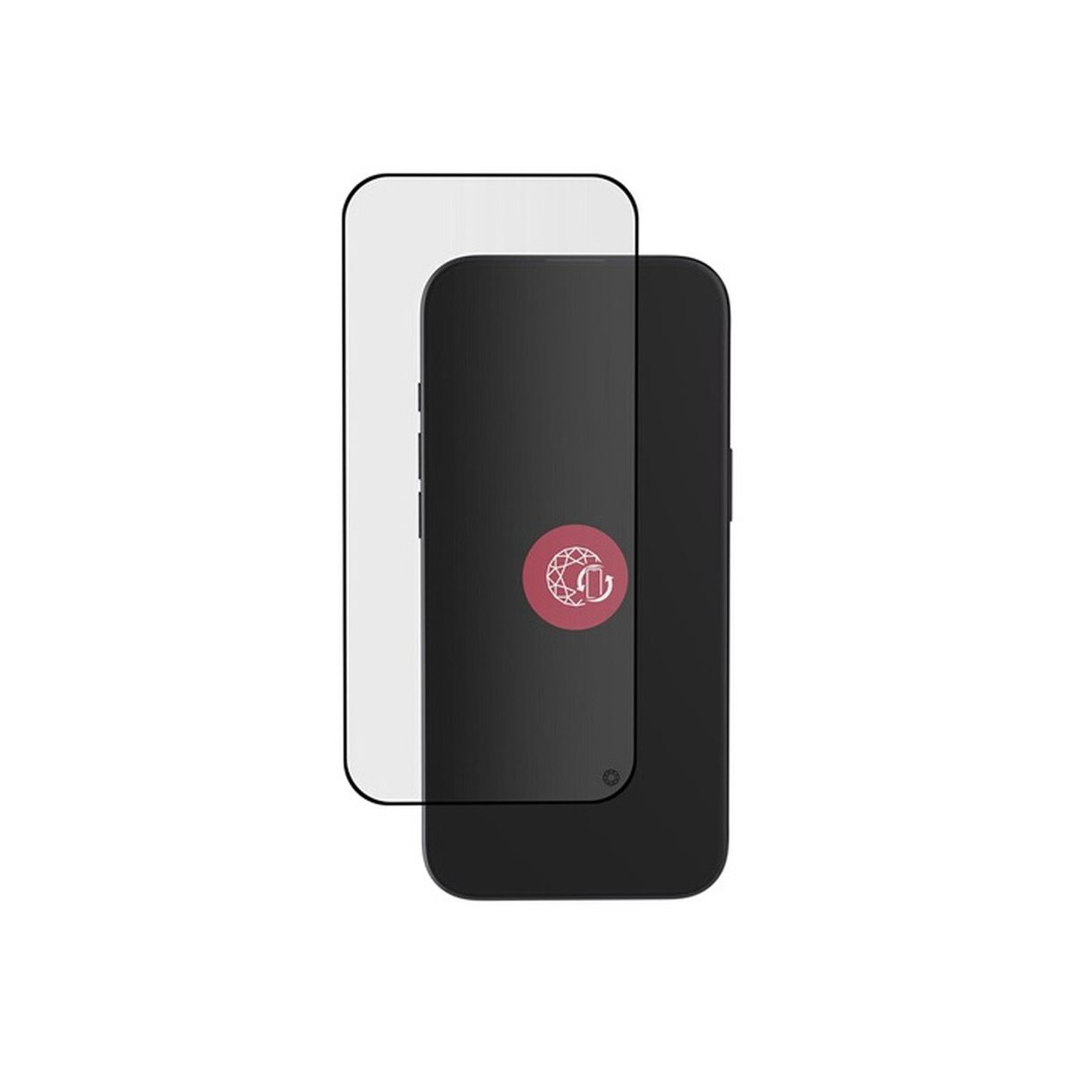 Un teléfono negro con un protector de pantalla de vidrio transparente ligeramente desplazado sobre fondo blanco.