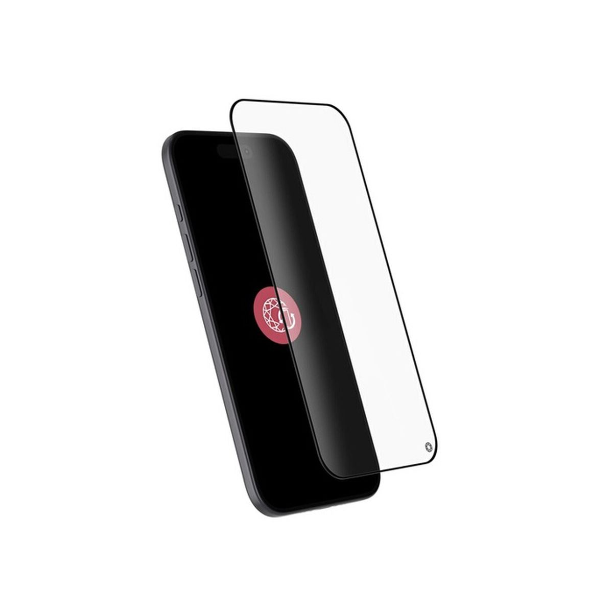 Un smartphone con un protector de pantalla separado flotando ligeramente encima, sobre fondo blanco.