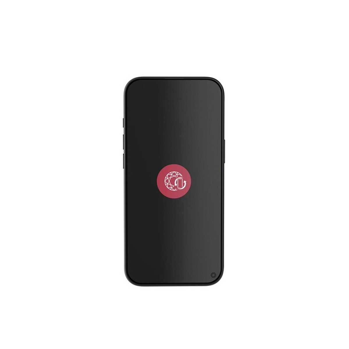 Un teléfono inteligente negro muestra un logotipo circular rojo con un icono blanco sobre fondo blanco.