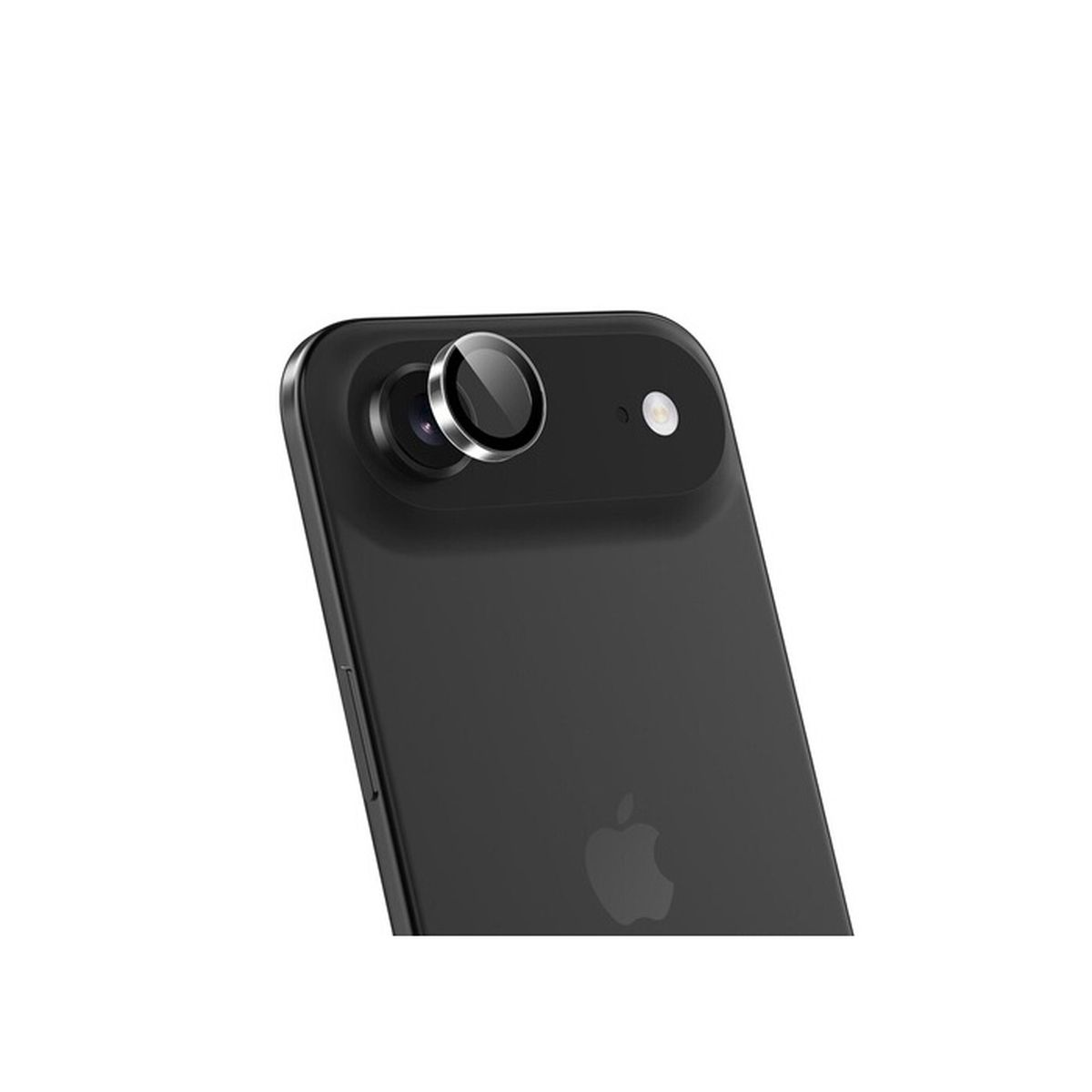 Parte trasera de un smartphone negro con módulo de cámara horizontal y protector de anillo metálico.