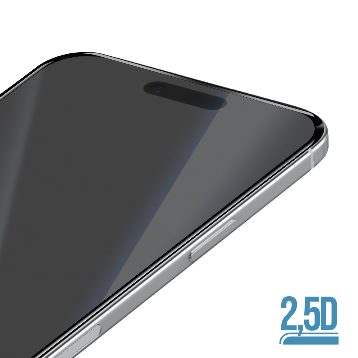 Primer plano de un smartphone con un vidrio protector de pantalla 2.5D redondeado sobre fondo blanco.