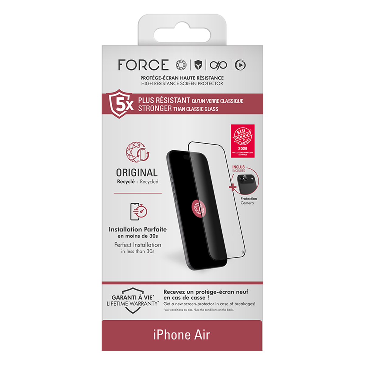 Embalaje del protector de pantalla Force para iPhone Air con gráficos y texto.
