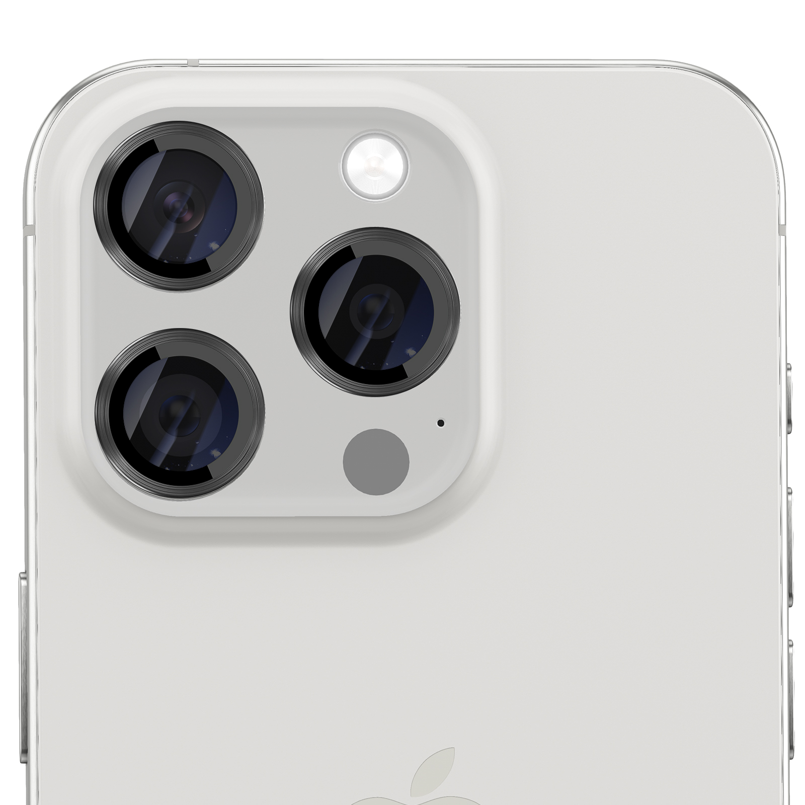 Parte trasera de un smartphone plateado con tres lentes de cámara, un flash y el logotipo de Apple.