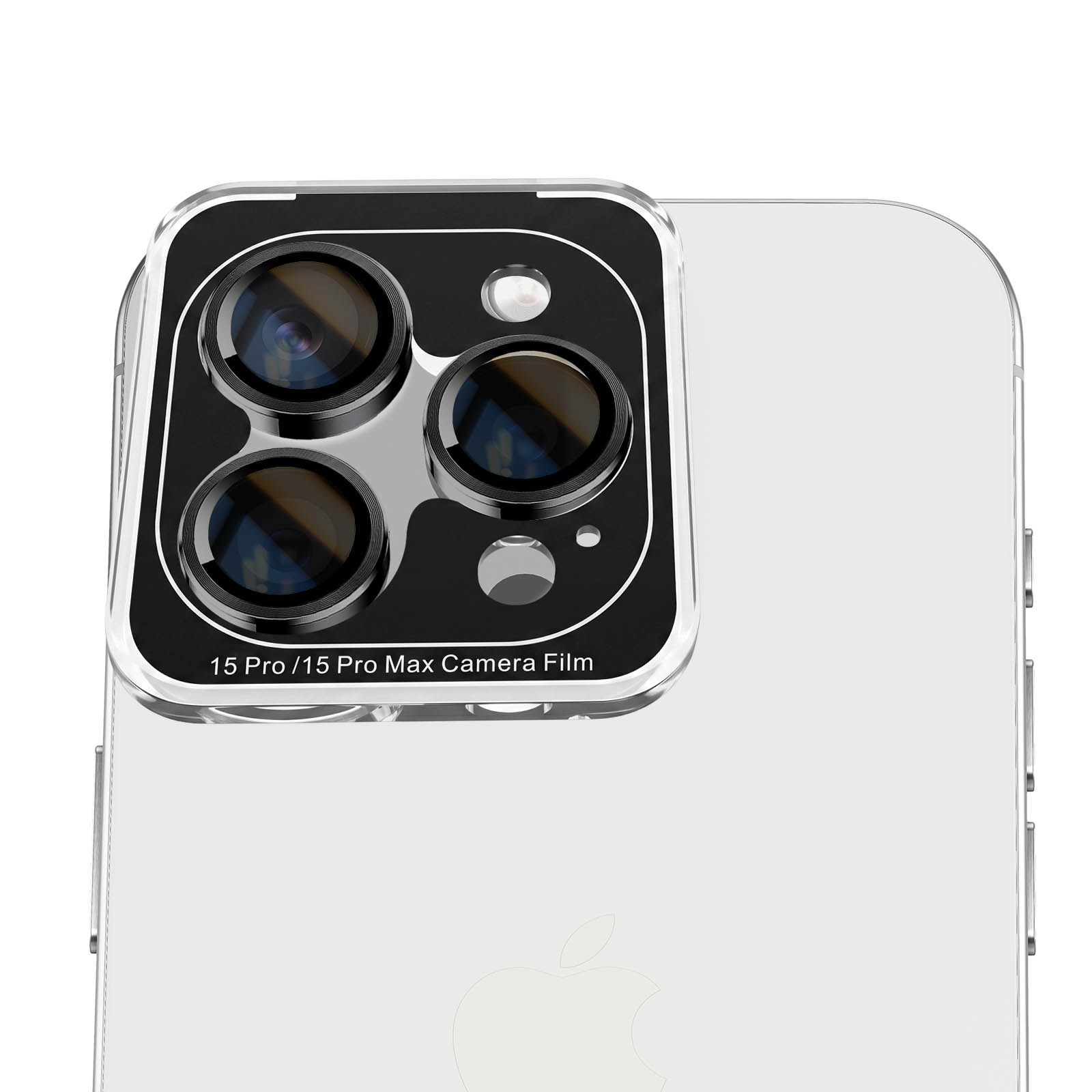 Primer plano de la cámara de un smartphone blanco con un protector de cristal instalado.