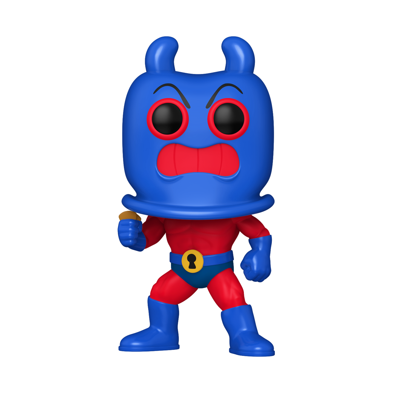 Una figura de acción azul con gran casco, ojos rojos, cuerpo rojo, botas azules y un cinturón con cerradura.