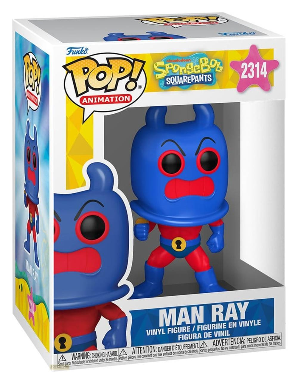 Una figura de vinilo Funko Pop de Man Ray de Bob Esponja dentro de su caja de embalaje blanca y amarilla.