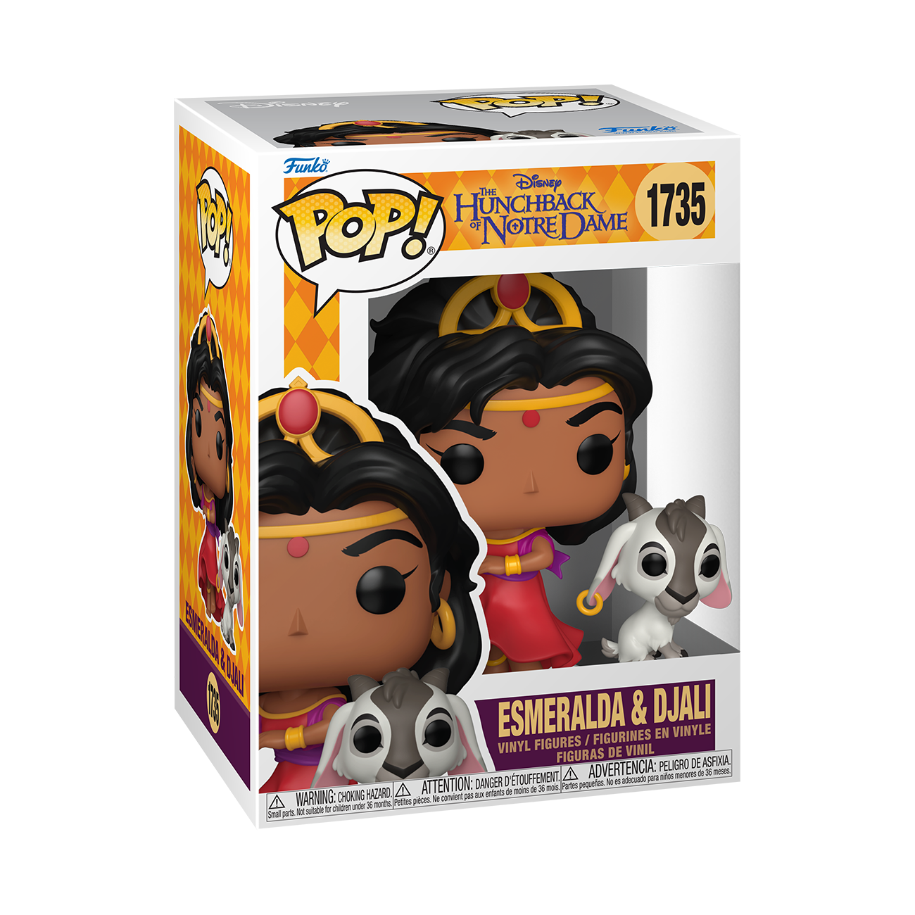 Caja de figura Funko Pop de Esmeralda y Djali con Esmeralda con vestido rojo y su cabra Djali.