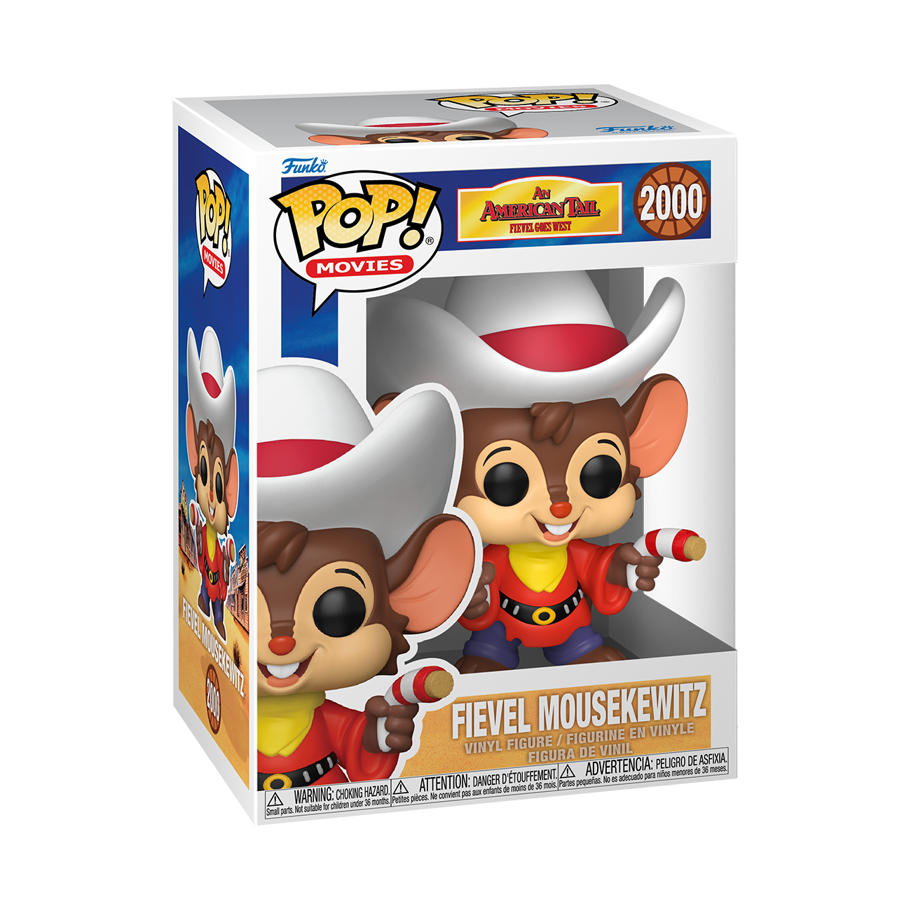 Figura de vinilo Funko Pop de Fievel Mousekewitz con traje de vaquero, sombrero y arma en caja.