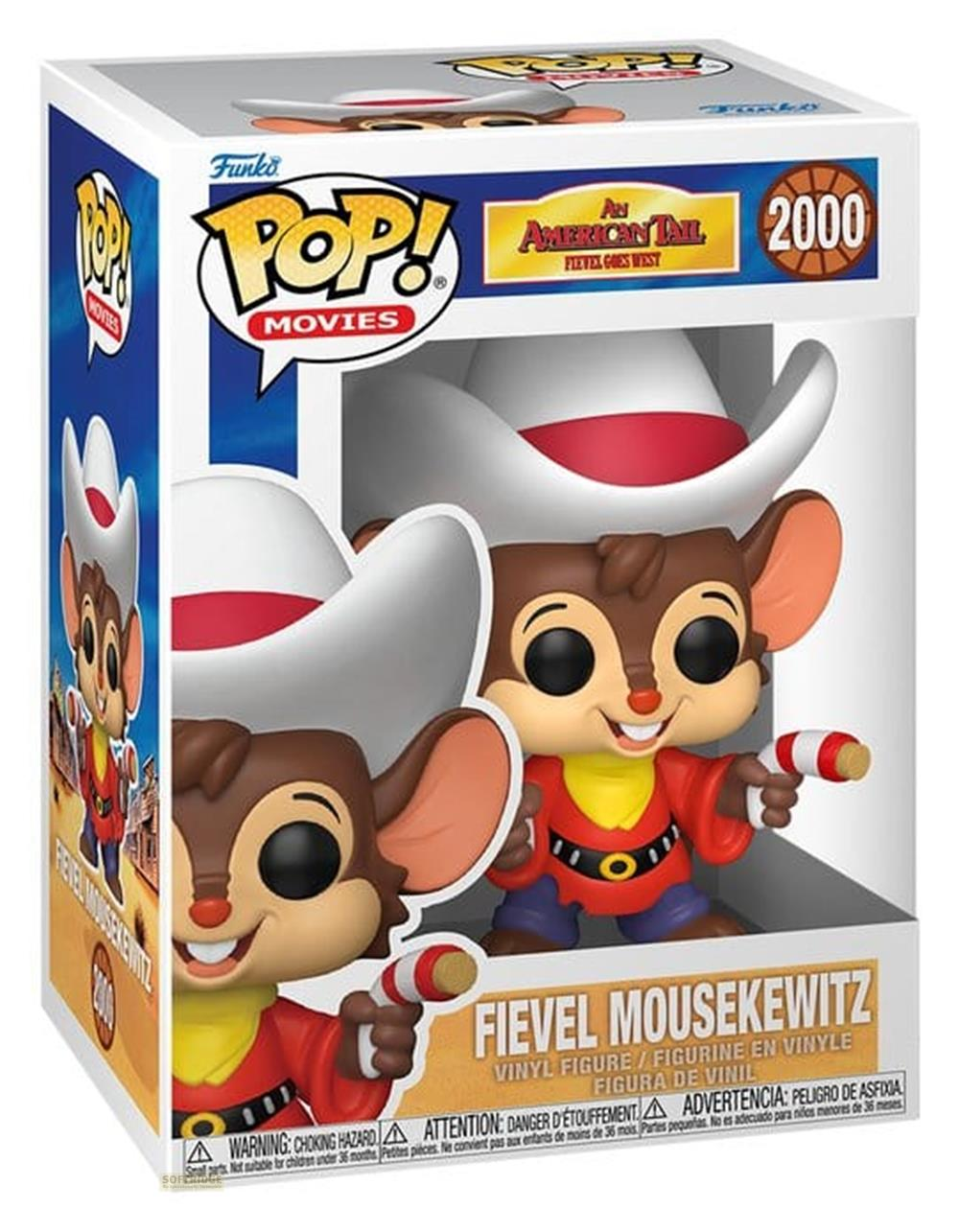 Figura de vinilo Funko Pop de Fievel Mousekewitz de Un cuento americano con traje de vaquero en una caja.