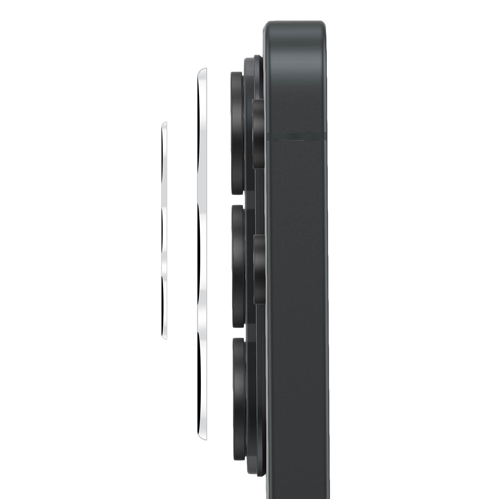 Vista laterale di uno smartphone con modulo fotocamera sporgente e due anelli di protezione.