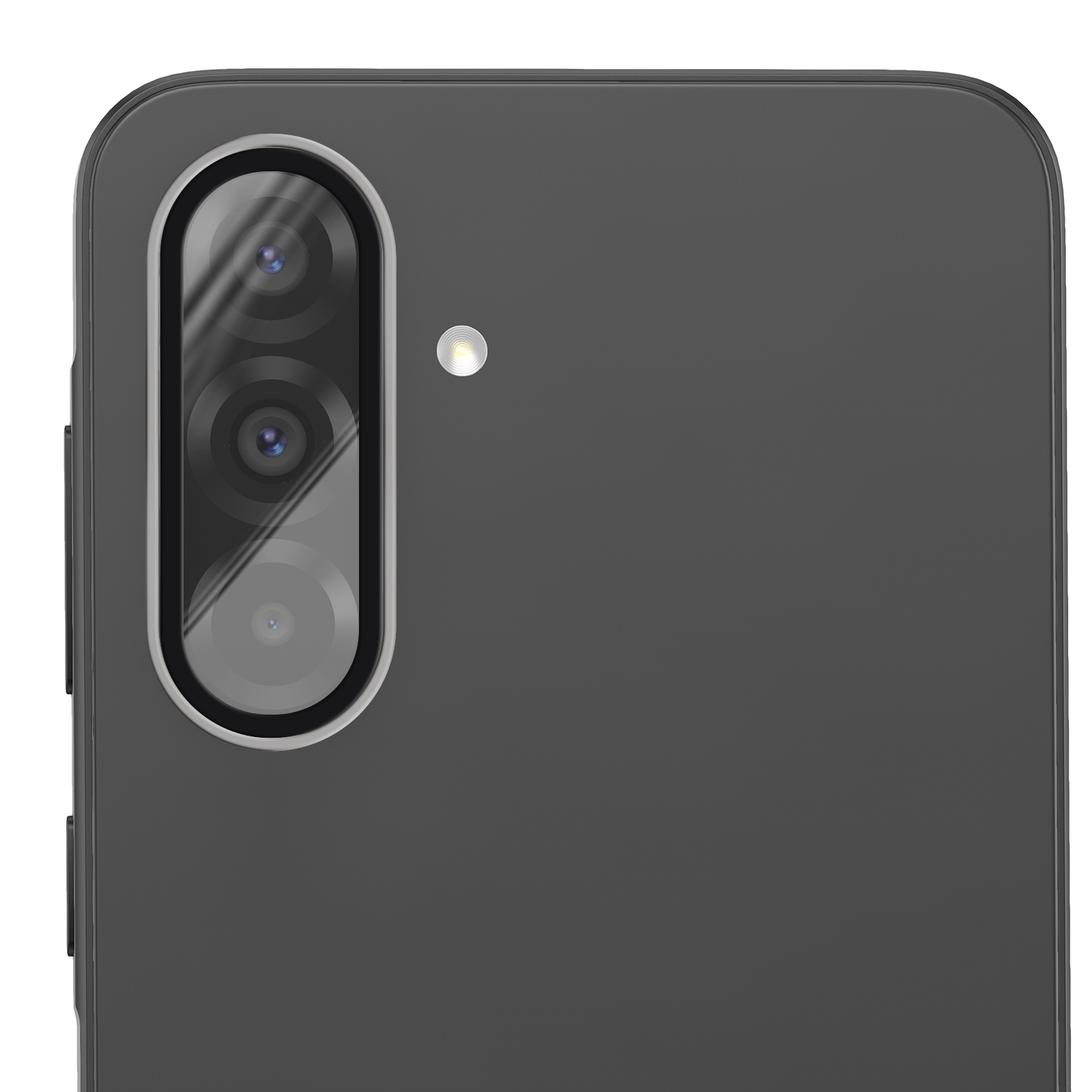 Parte trasera de un smartphone gris con módulo de tres cámaras y flash.
