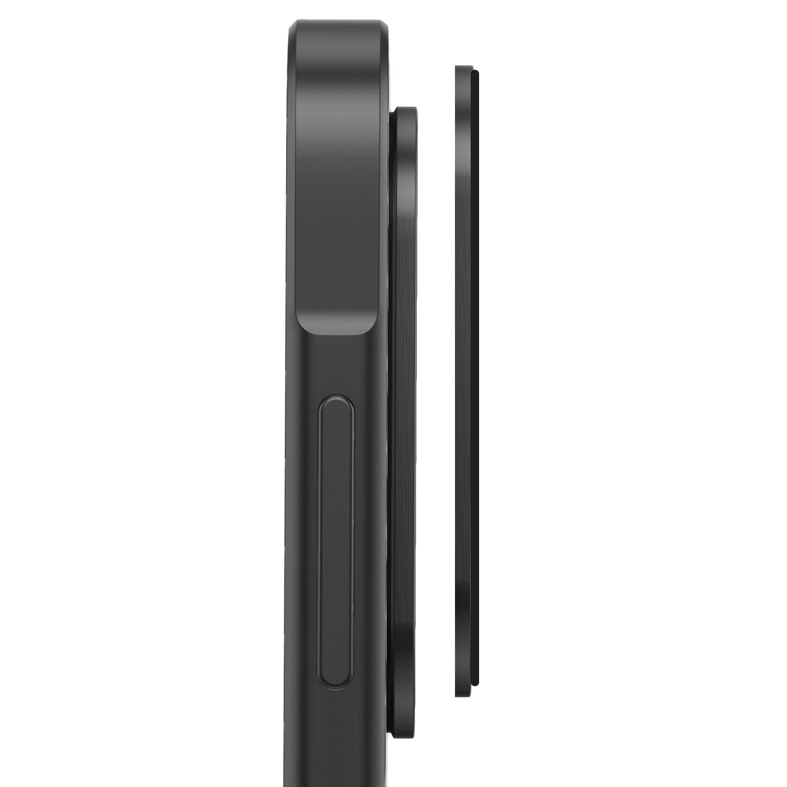 Vista lateral de un teléfono inteligente negro con una funda protectora adjunta y una lente de cámara separada.