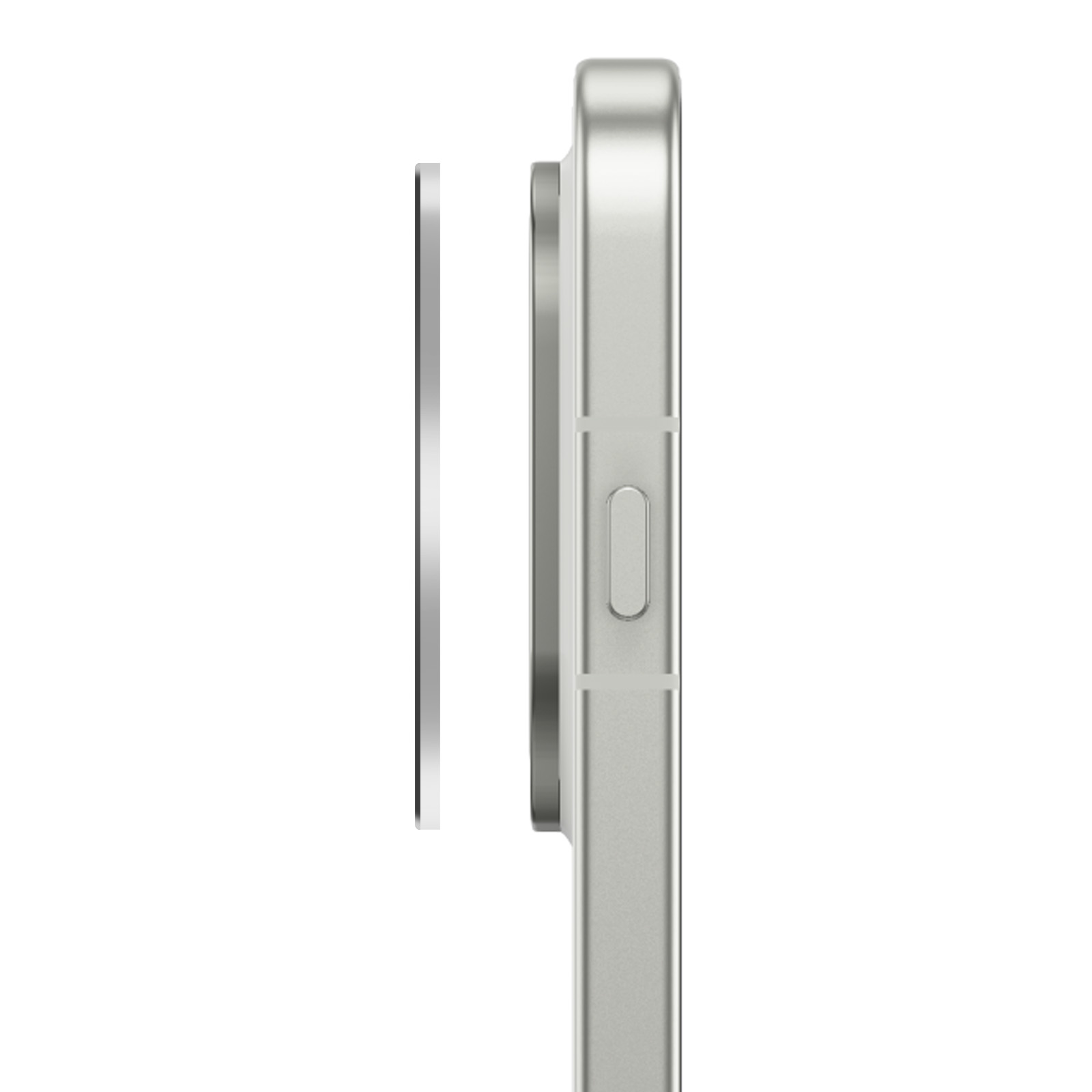 Vista lateral de un smartphone plateado con área de cámara y anillo magnético separado.