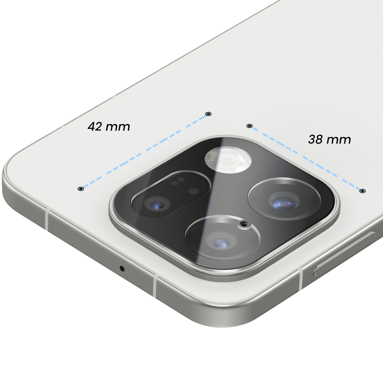 Parte posterior de un smartphone blanco con módulo de cámara cuadrado, etiquetado con dimensiones de 42 mm y 38 mm.